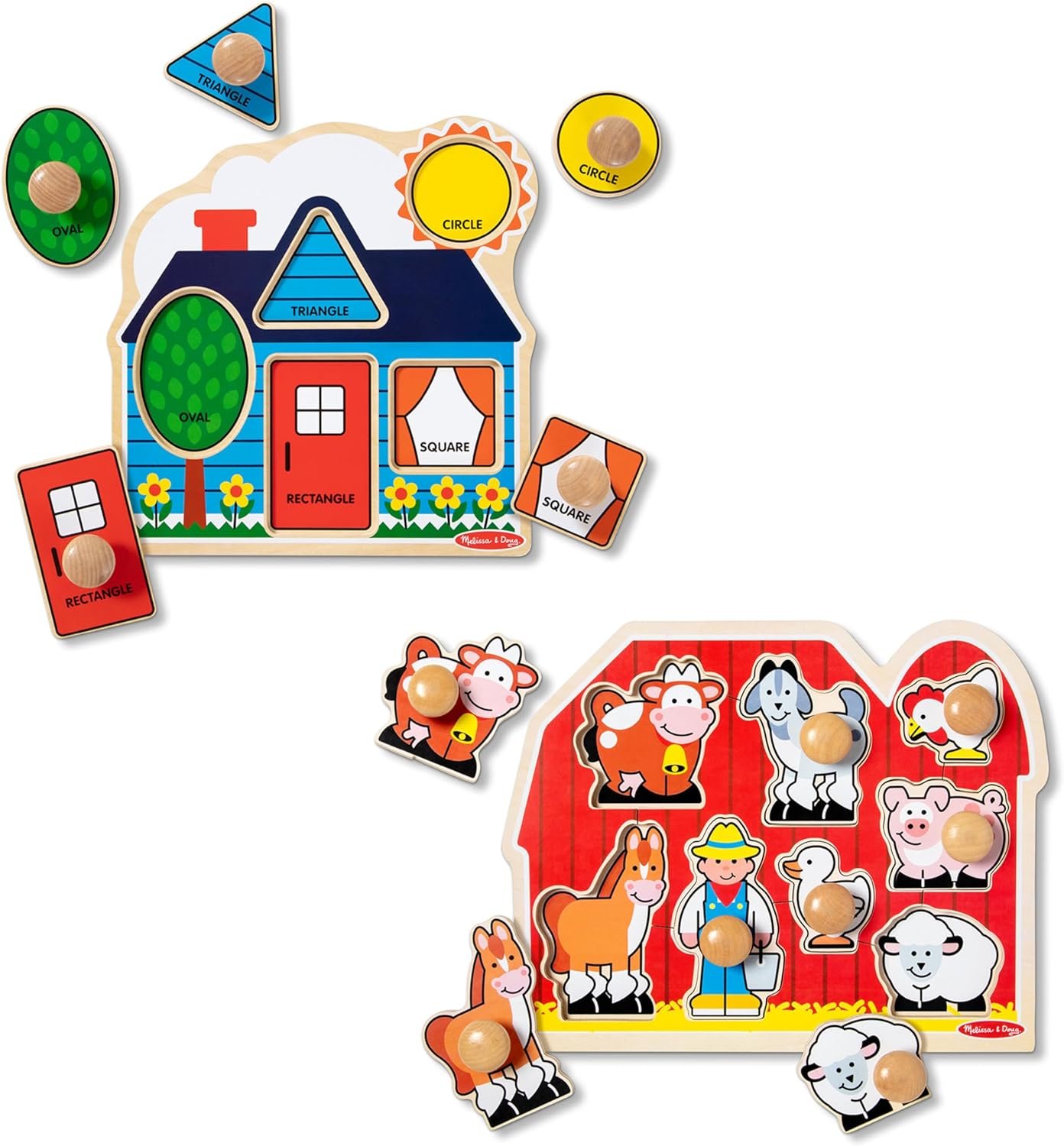 Melissa & Doug Wooden Jumbo Knob Puzzle 2-Pack for Baby and Toddler Boys and Girls – Large Farm, First Shapes