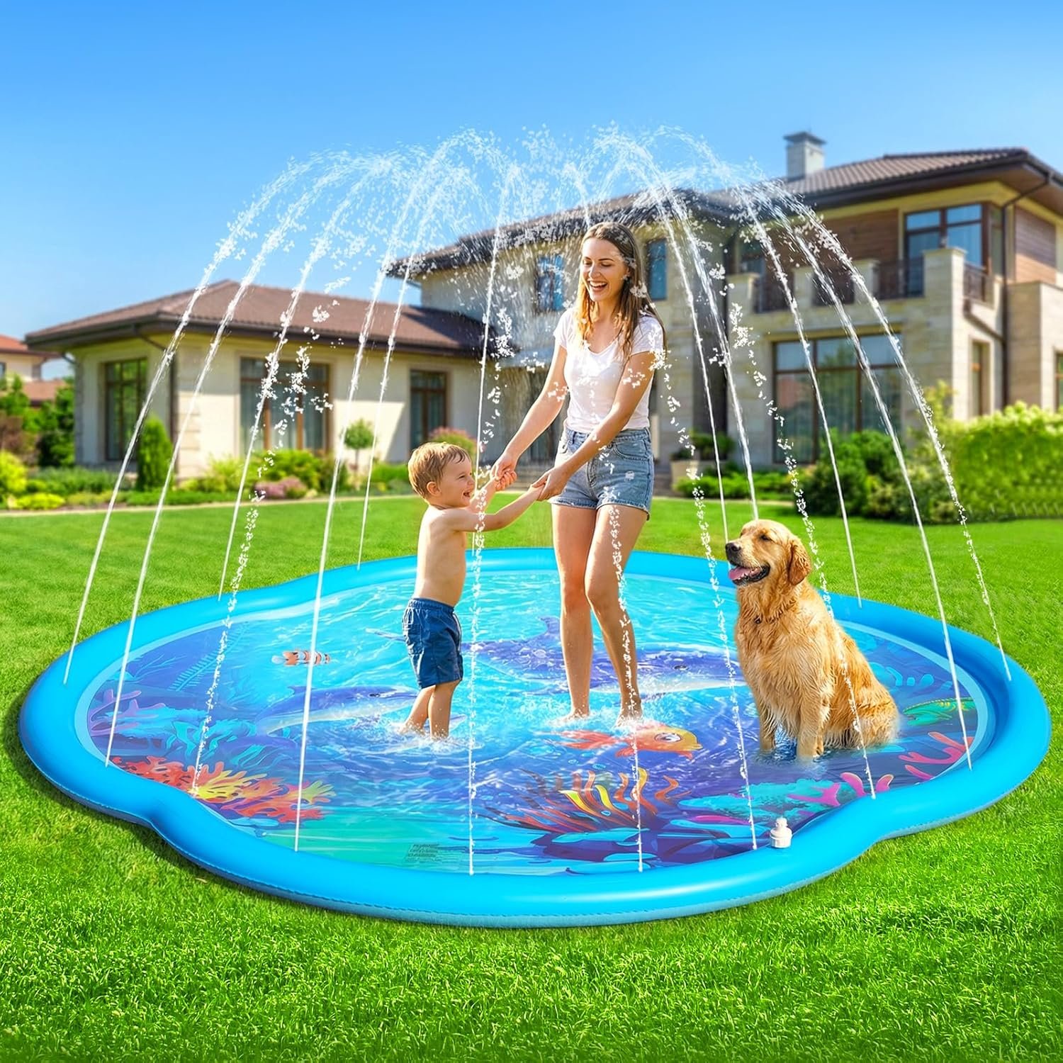 Splash Pad Sprinkler for Kids & Dog, 75″ Round Sea World Splash Pad for Toddler 1-3, Thicken Outdoor Water Toy Play Mat for Children, Backyard Inflatable Sprinkler Shallow Pool Fountain Pad