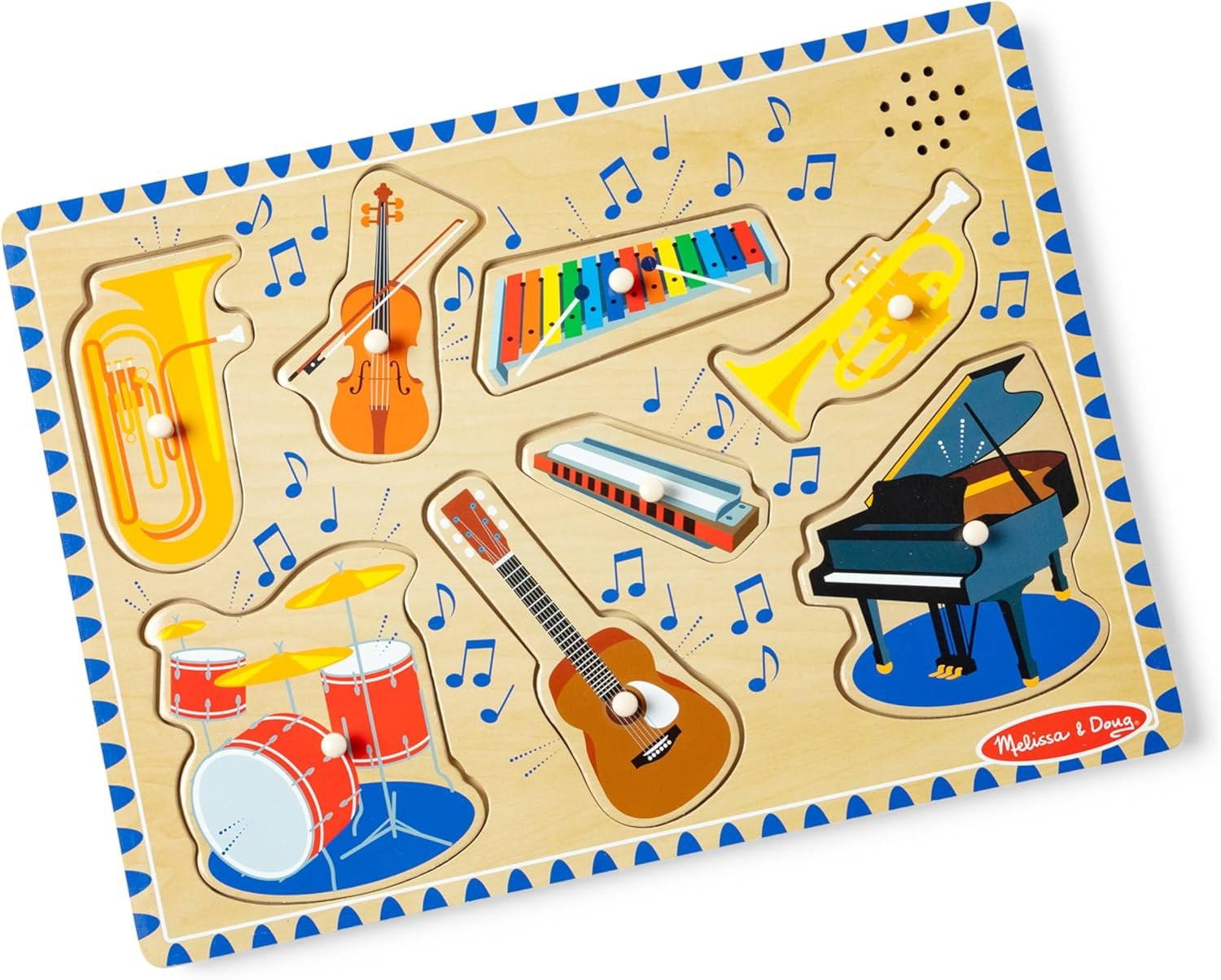Melissa & Doug Musical Instruments Sound Puzzle – Wooden Peg Puzzle with Light-Activated Sound Effects (8 pcs) Wooden Peg Baby Music Learning Toys, for Toddlers and Preschoolers Ages 2+