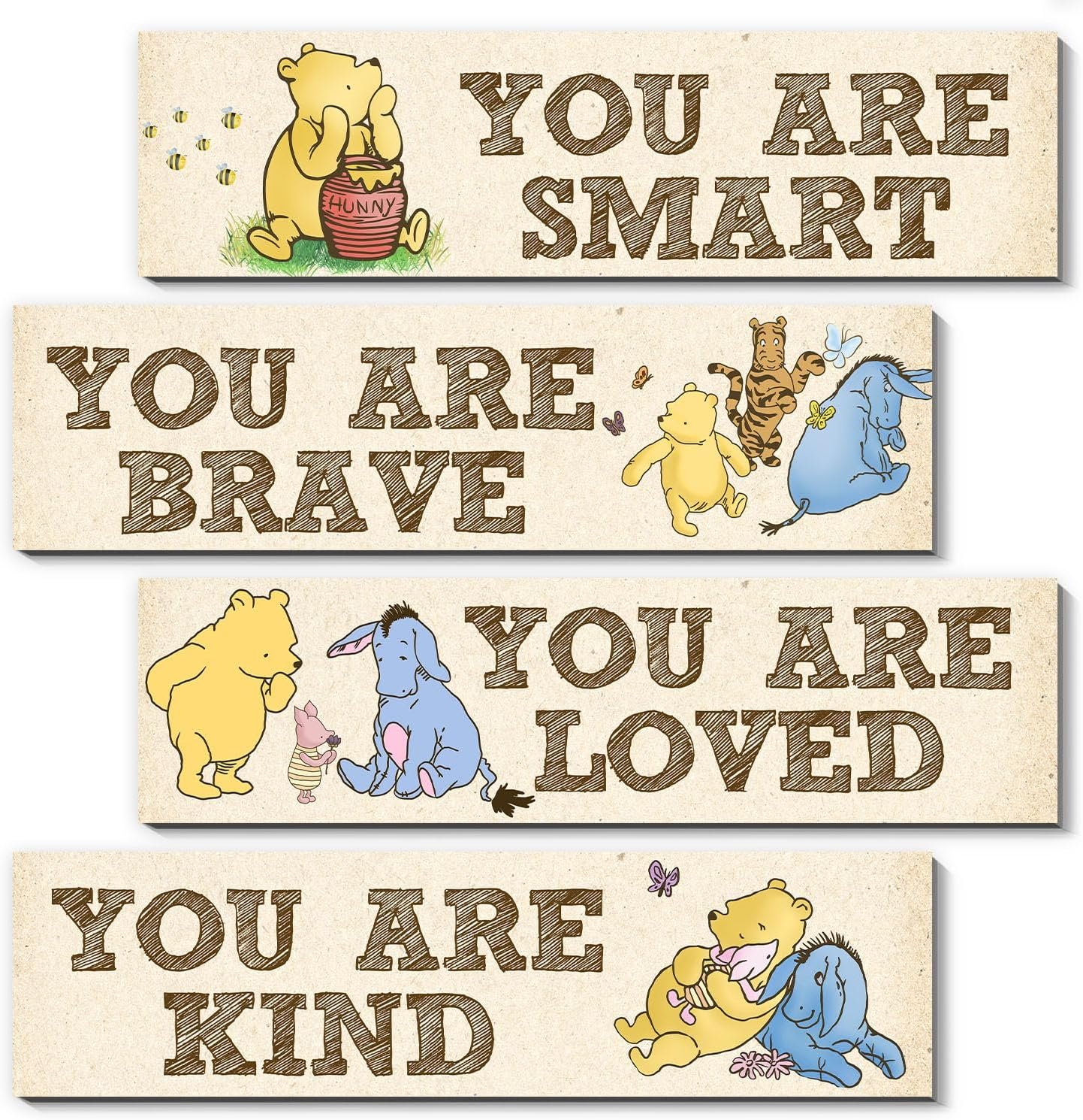 BirtDerr Winnie Room Decor- the Pooh Sign-Wooden Baby Stuff-Vintage Nursery Decor-4PCS Wall Decor Wall Art(Classic)-You Are Kind Brave