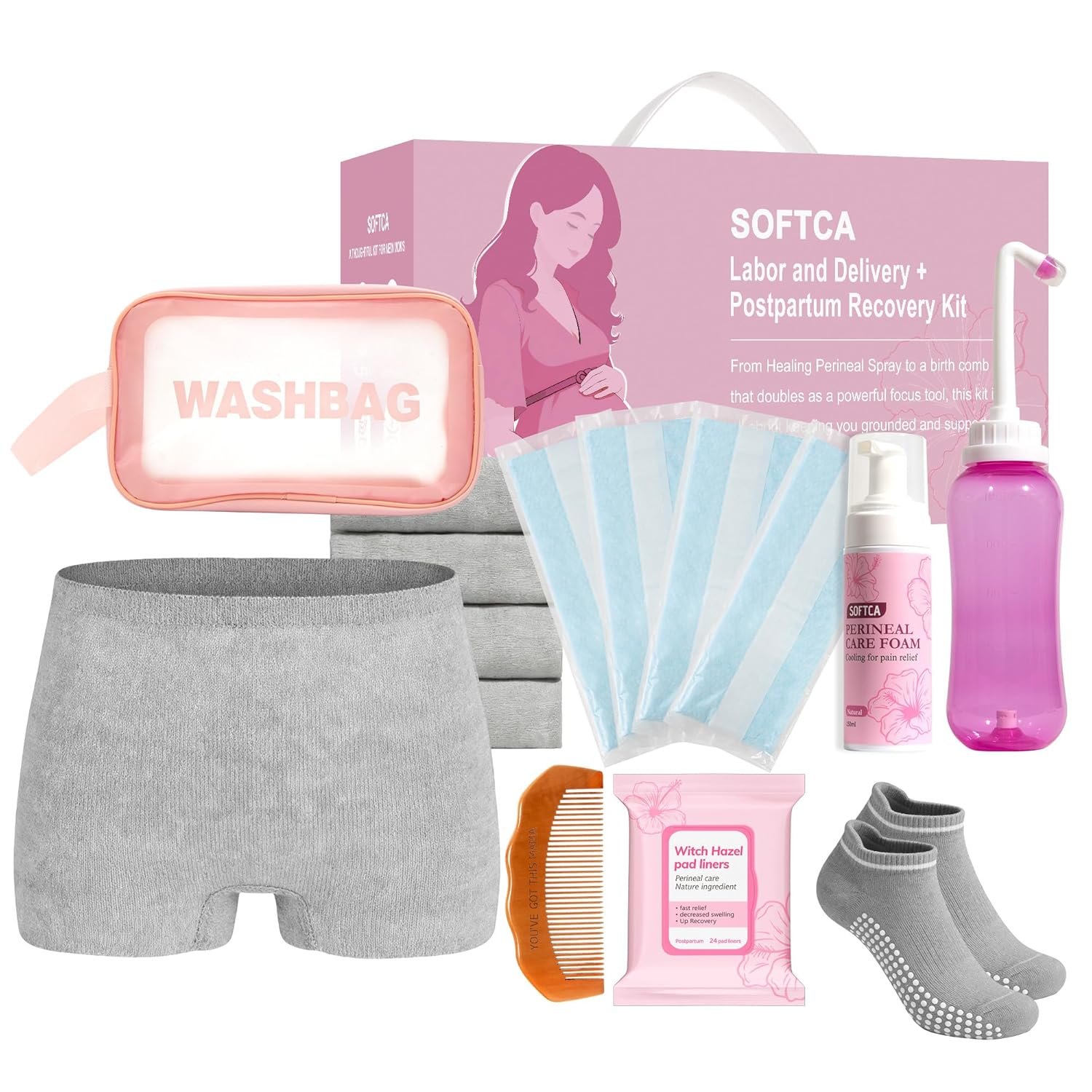 Postpartum Recovery Essentials Kit – Birth Comb,Peri Bottle,Disposable Postpartum Underwear,Perineal Healing Foam,Instant Ice Pads,Cooling Pad Liners,Socks,Wash Bag,Postpartum Kit Gift Set