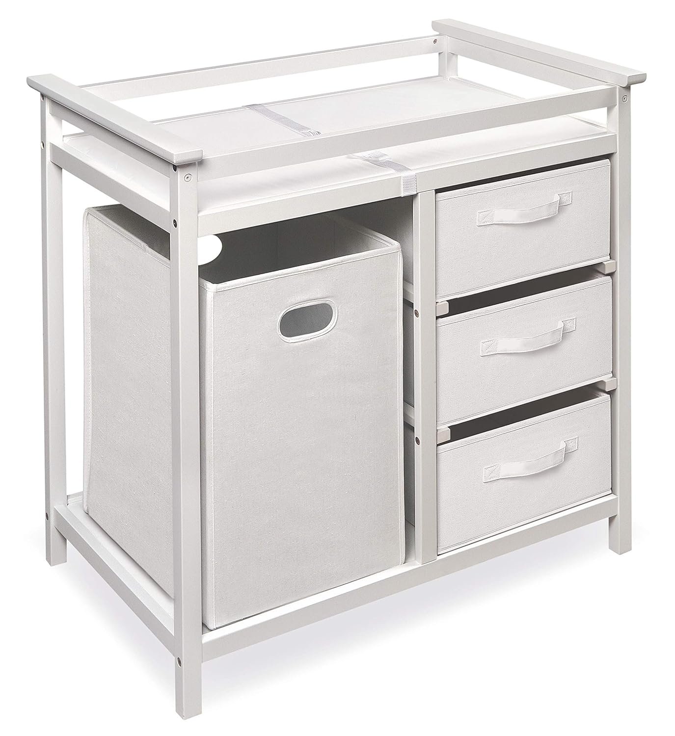 Badger Basket Modern Baby Changing Table – Nursery Furniture with Laundry Hamper and 3 Storage Drawers – Diaper Changing Station with Safety Belt, Changing Pad, and Organizer Baskets – White