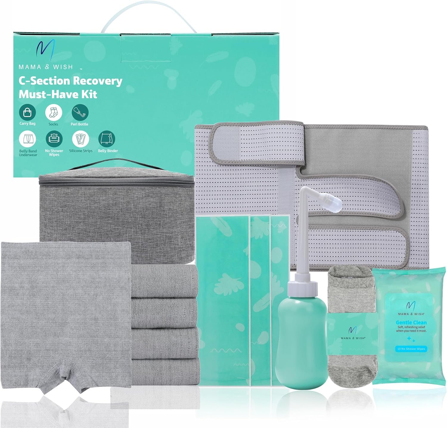 Mama & Wish® C-Section Recovery Kit Must Haves – Postpartum Essentials 12-Piece Set with Belly Binder, No-Shower Wipes, Silicone Scar Patches, Peri Bottle, Underwear, Grip Socks & Toiletry Bag