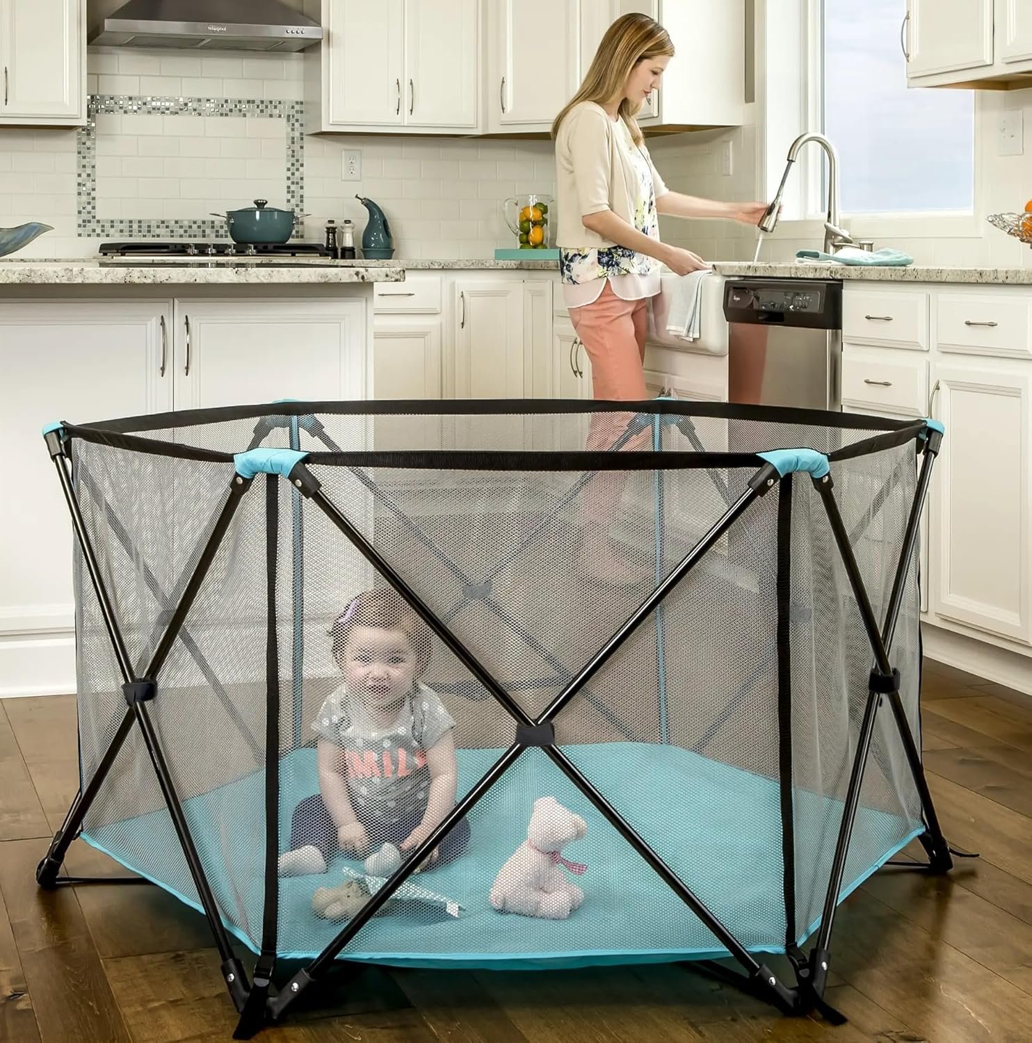 Regalo Safety My Play Portable Baby Playpen & Play Yard, Foldable 6-Panel Indoor Outdoor Playpen for Babies & Toddlers, Mesh Sides, Washable Fabric, 48”, Aqua/Black