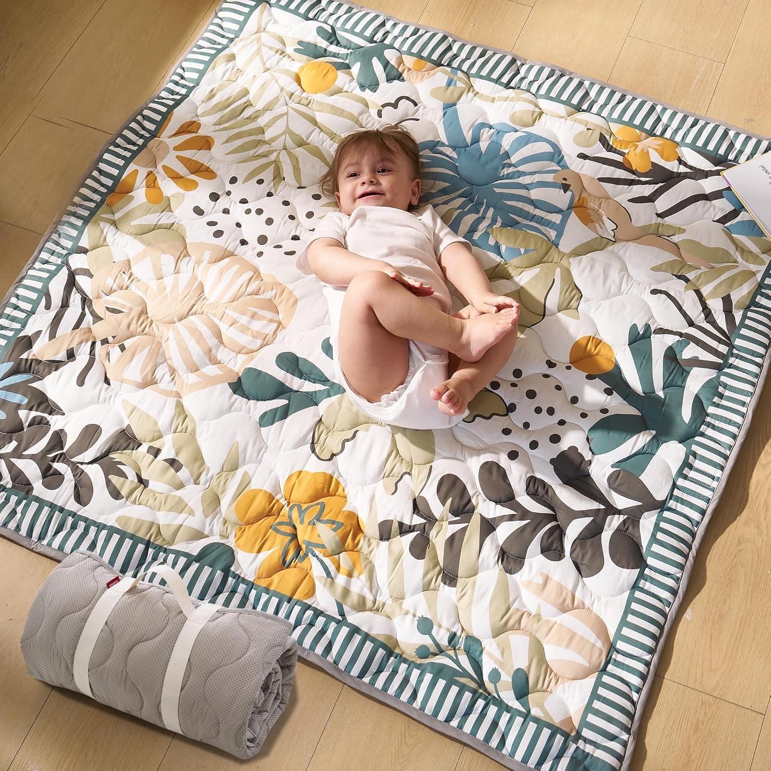 Momcozy Baby Play Mat for Floor, 50×50 Thickened Playpen Mat, Playmate for Baby Tummy Time, Waterproof & Non-Slip, Foldable Outdoor Mat with Carrying Handle, Forest World