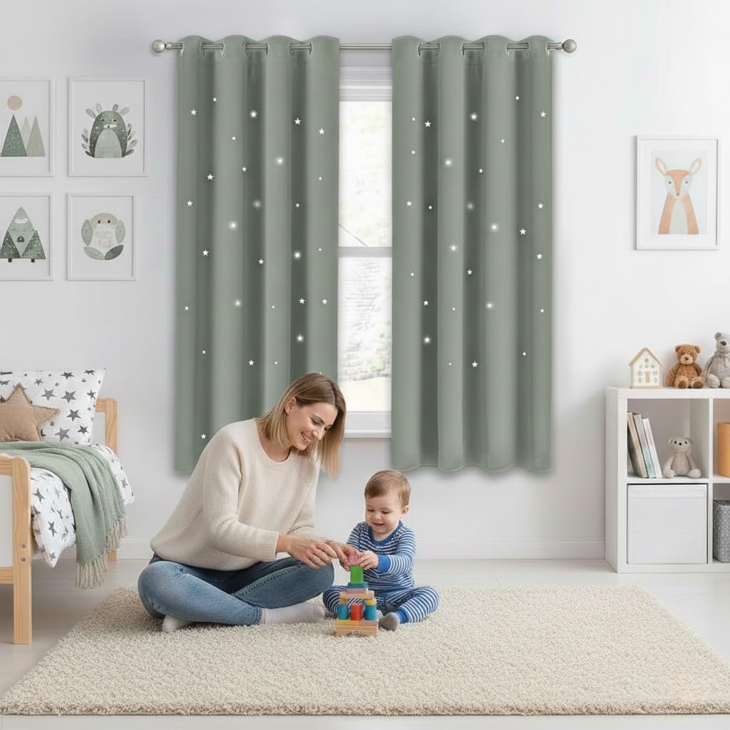 NICETOWN Nursery Curtains Hollow Out Stars, Sage Green Star Cutout Curtains for Girls’ Bedroom, Thick and Soft Room Darkening Shade for Baby, (W52 x L63 Inches, 2 Panels)