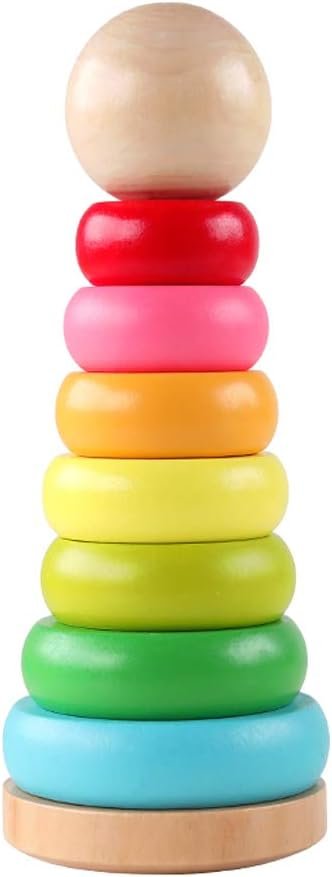 Stacking Rings Toy Wooden Rainbow Stacker Toddler Learning Toys for 18 Months 2 Year Old Baby Boys Girls Non-Toxic