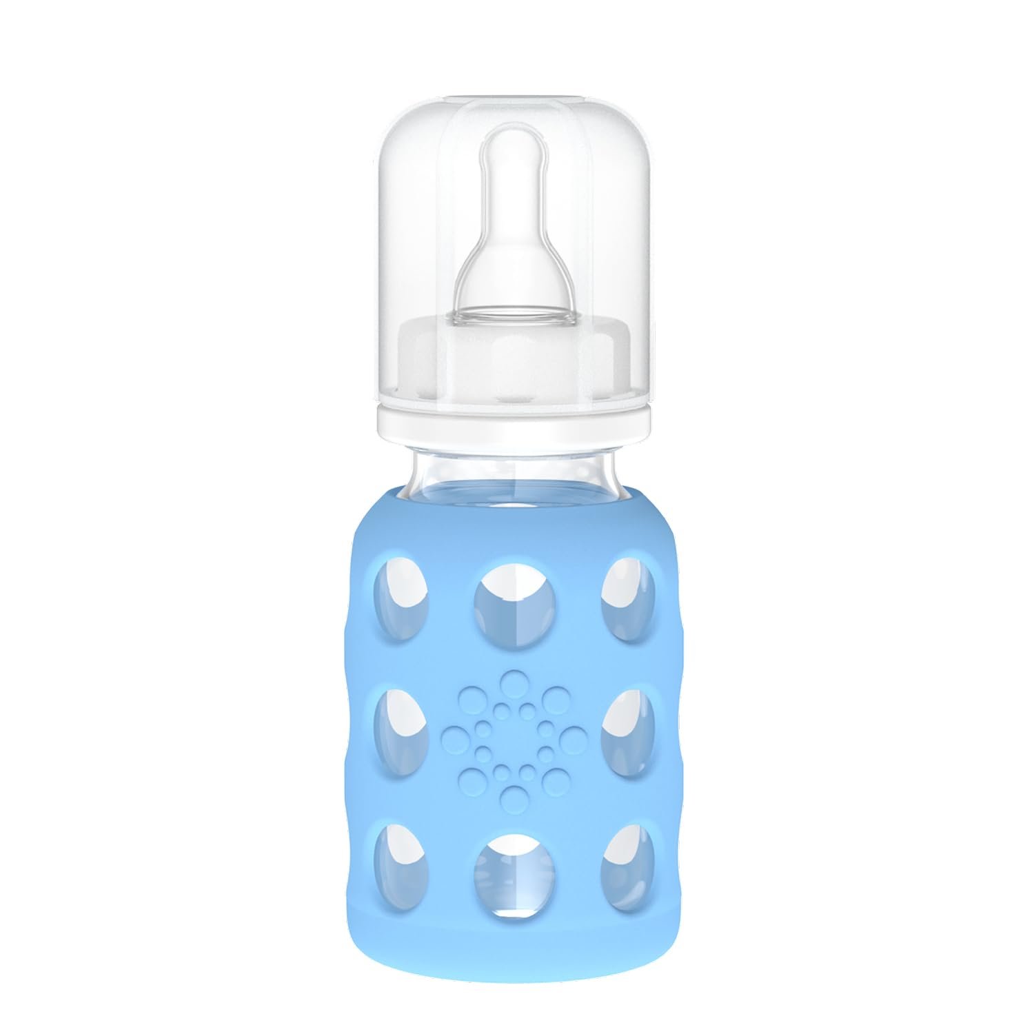 Lifefactory 4-Oz Glass Baby Bottle with Protective Silicone Sleeve and Stage 1 Nipple Sky Blue