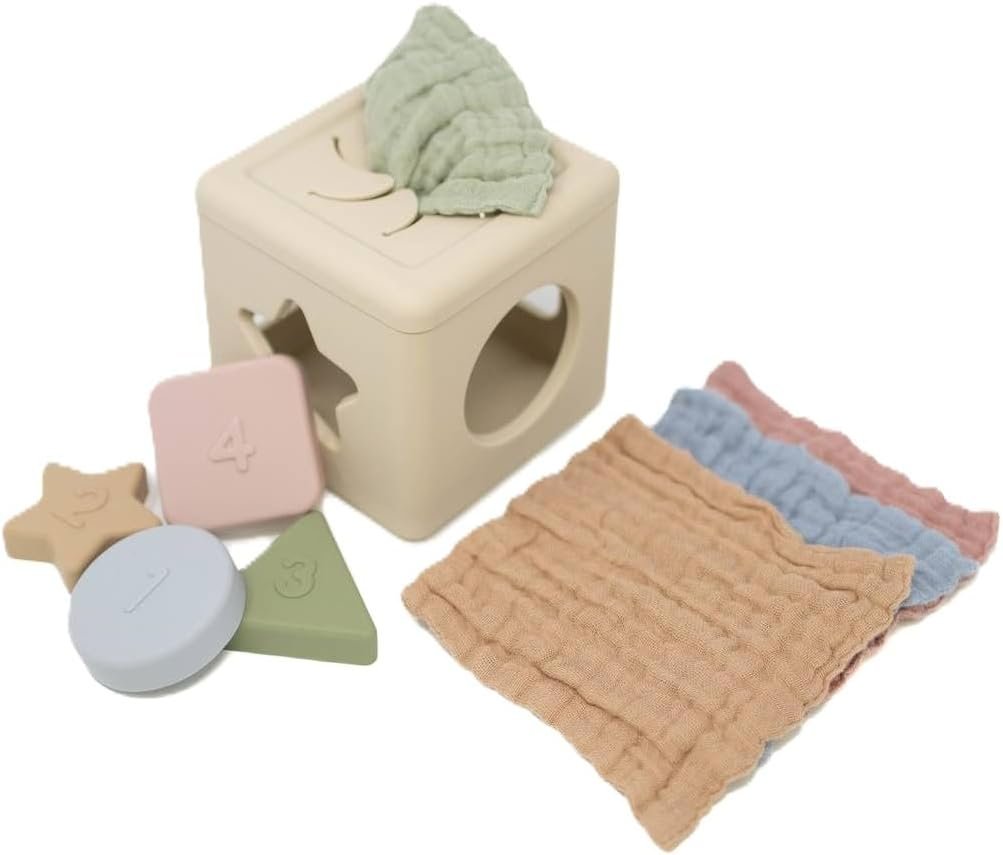 Brooklyn Neutral Silicone Shape Sorter & Tissue Box Toy with Organic Muslin Cotton Cloths – Baby Toys for Development – Montessori Learning Toys for 1 Year Old-Educational Non-Toxic Toy