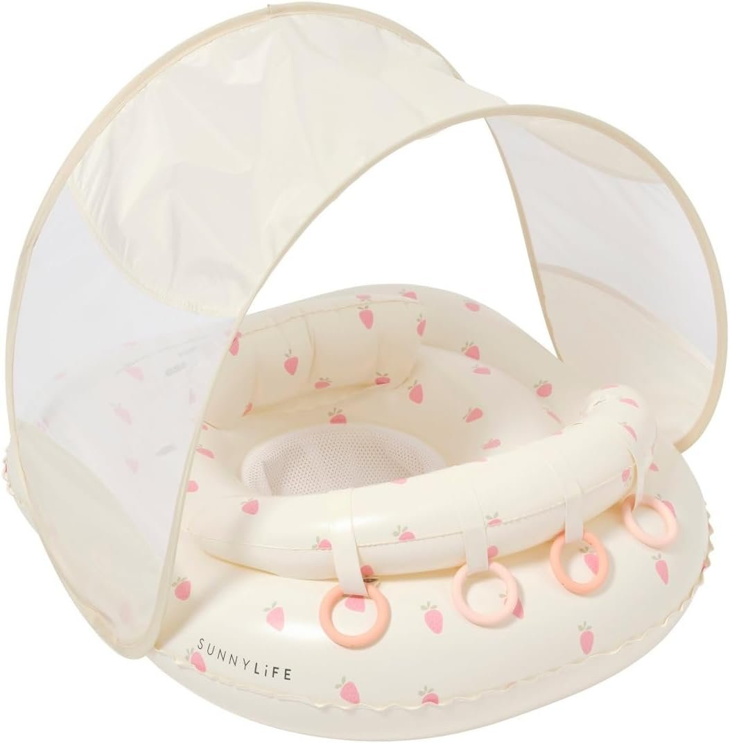 SUNNYLiFE Baby Float with Canopy — UPF40 Infant Pool Float, Adjustable Fabric Seat, 4 Silicone Play Rings | 6-12 Months – Strawberry Sunshine Pink