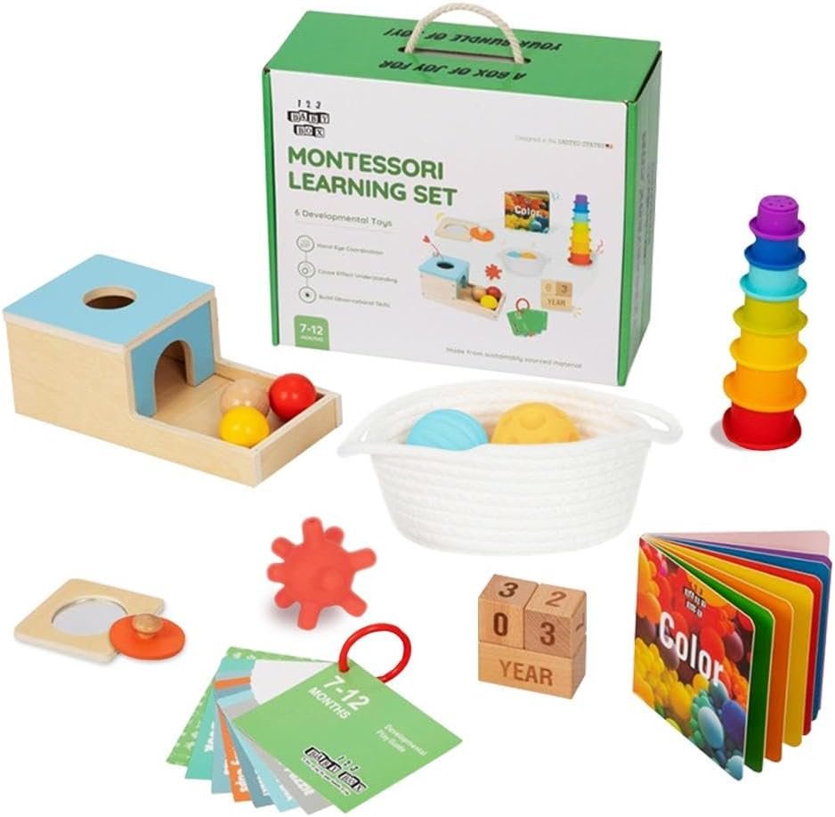 Montessori Toys for Babies 7-12 Months – 6-in-1 Baby Learning Set w/Object Permanence Box, Color Book, Milestone Blocks & More – Educational Toys for Fine Motor & Cognitive Development