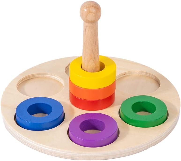 Adena Montessori Wooden 6 Rings on Peg Stacking and Sorting Ring, Wooden Rainbow Stacking Rings Baby Toy, Stacker Toys for Infants and Toddlers, Wood Educational Developmental Toy Multicolor