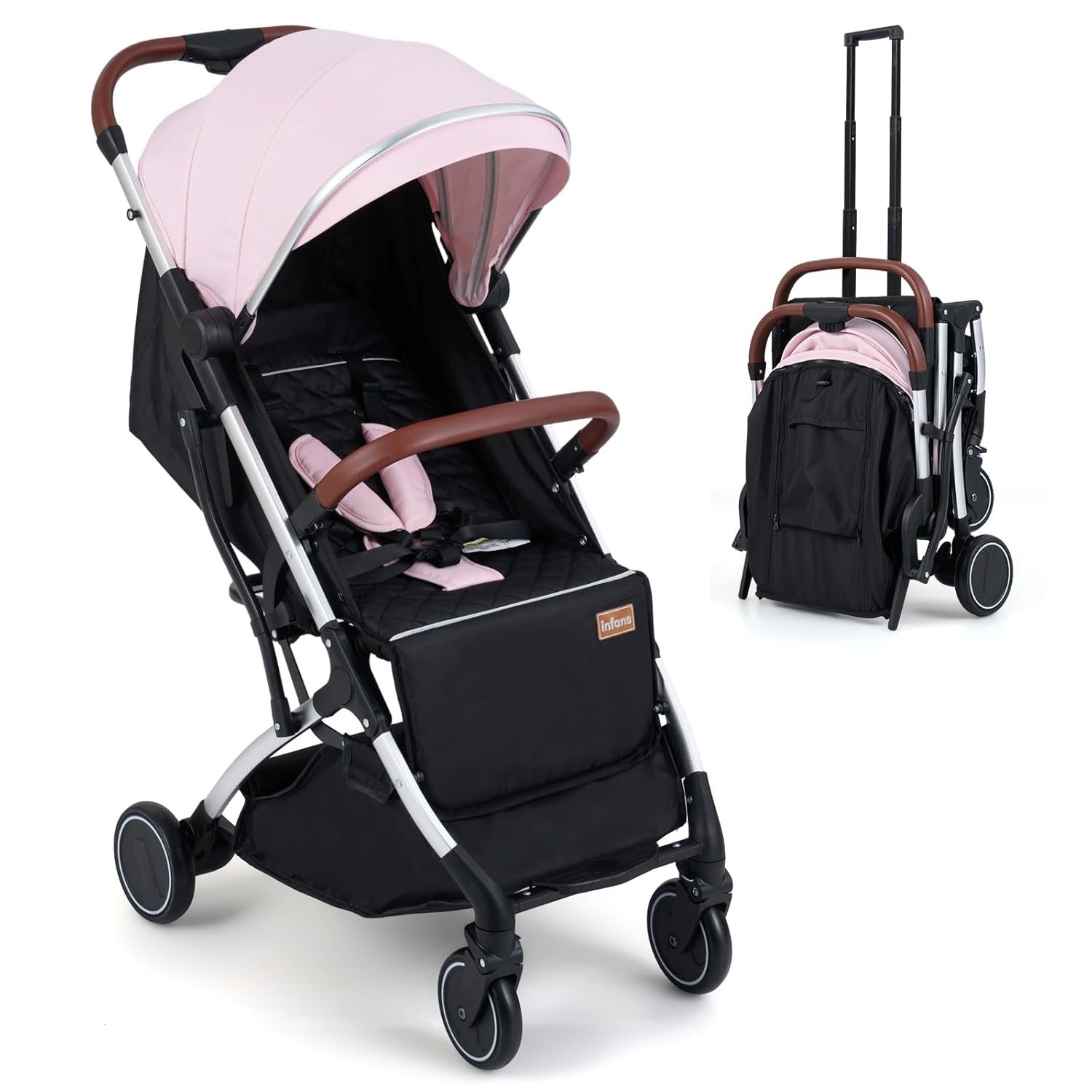 INFANS Travel Stroller, Lightweight Compact Baby Stroller for Airplane with One-Hand Fold, Multi-Position Recline, Canopy, 4 Wheel Suspension, Storage Basket (Pink+Silver)