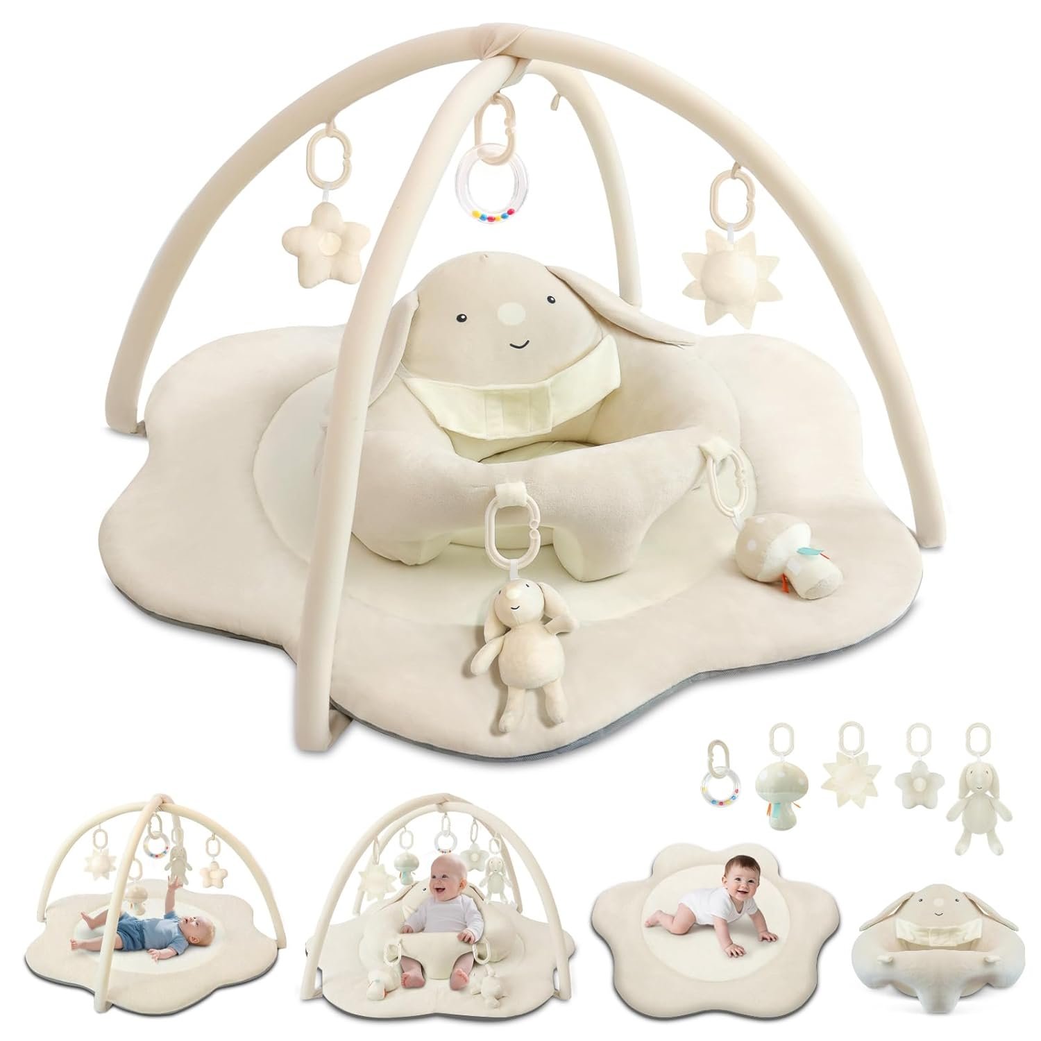 3-in-1 Baby Play Mat, Baby Seats for Infants for Sitting Up, Tummy Time Mat with 5 Detachable Toys, Activity Gym & Playmats for Babies 0-6 6-12 Months, Newborn Babies Shower Gifts
