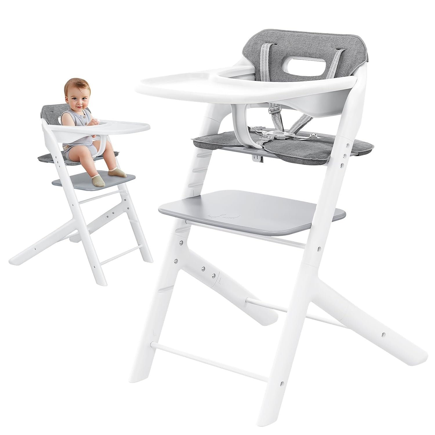 Adjustable Baby High Chair, Portable Child High Chair with 5‑Point Safety Harness, Cushion & Removable Tray, Adjustable Seat and Footrest Heights for Children 6+ Months