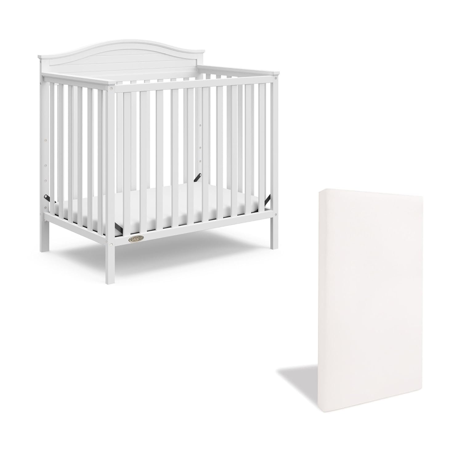 Graco Stella 4-in-1 Convertible Mini Crib with Bonus Mattress – Includes Bonus 2.75 Inch Thick Mattress with Water-Resistant Cover, Converts to Twin Bed, Ideal Crib for Small Spaces (White)