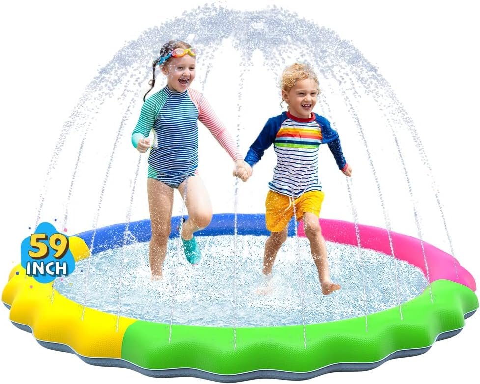 VISTOP Non-Slip Splash Pad for Kids and Dog, Thicken Sprinkler Pool Summer Outdoor Water Toys – Fun Backyard Fountain Play Mat for Baby Girls Boys Children or Pet Dog (59 inch, Red&Yellow&Green&Blue)