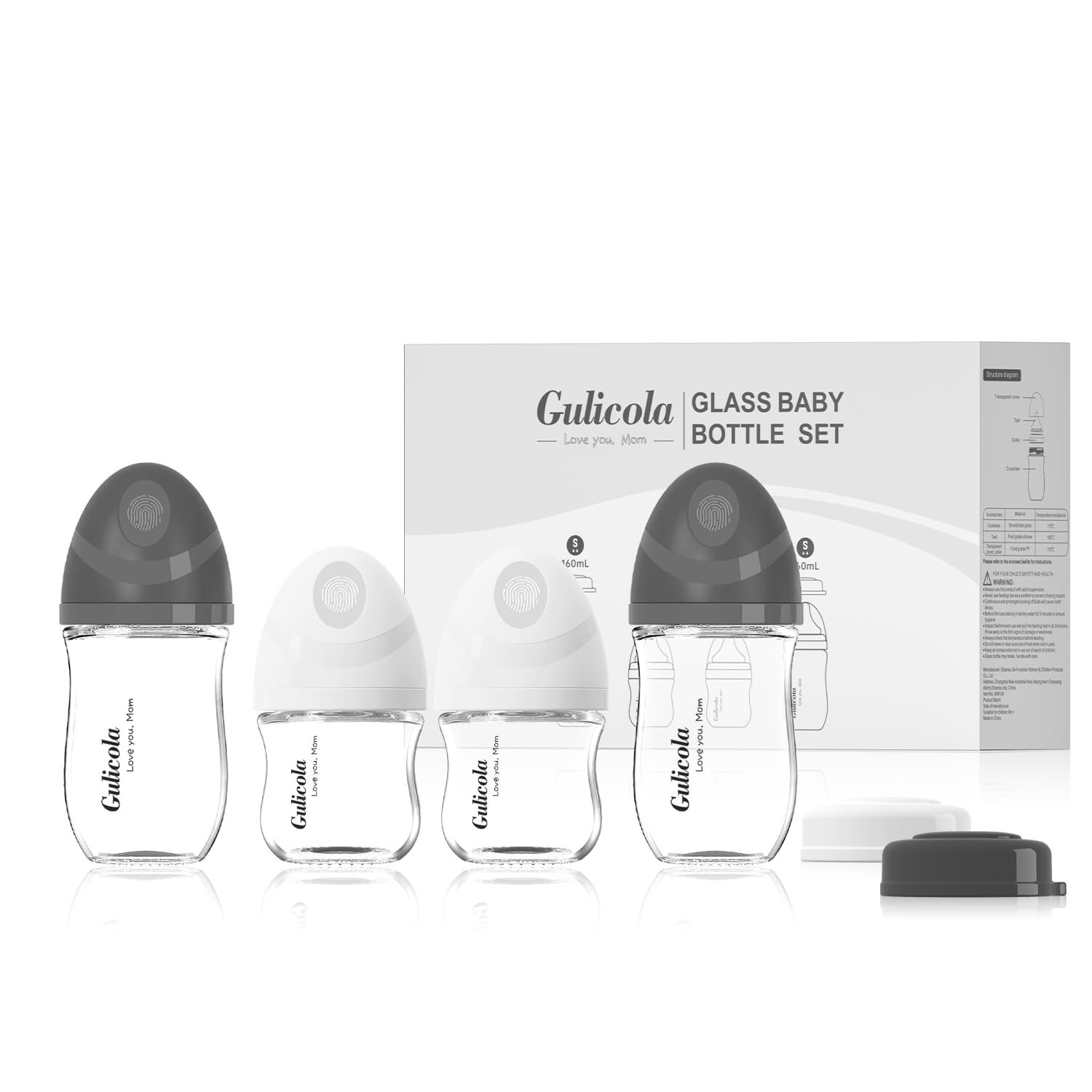 Gulicola Natural Glass Baby Bottles Set 4 Pack, Newborn Boy Breastfeeding Bottles with Slow Flow Nipples, 0 Months+, 3 oz & 5 oz – Black/White