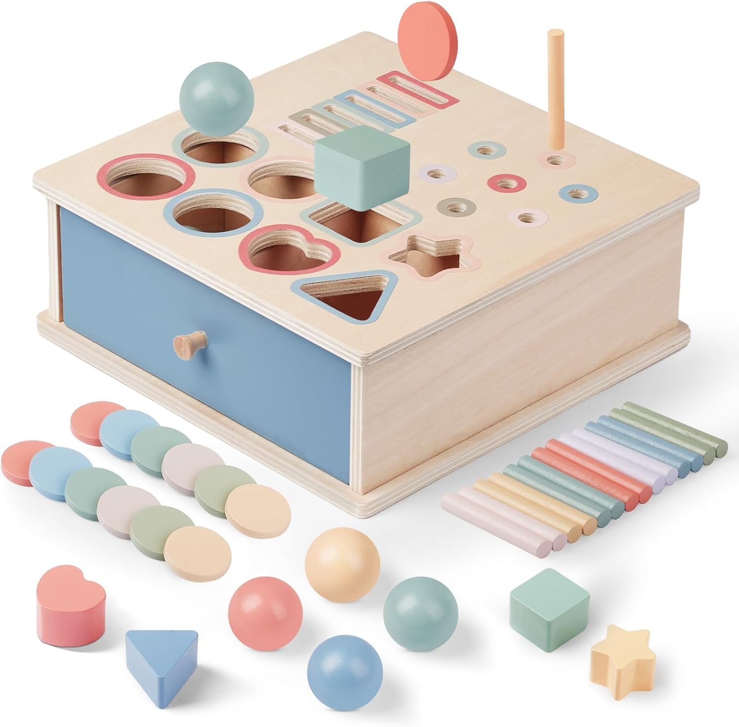 Pajojoqa Montessori Toys for 2 3 4 5 Color Sorting – Wooden Object Permanence Box with Drawer Sensory Toys Shape Sorter Education for Baby Toddler Boy Girl Drop Busy Box 4 in 1