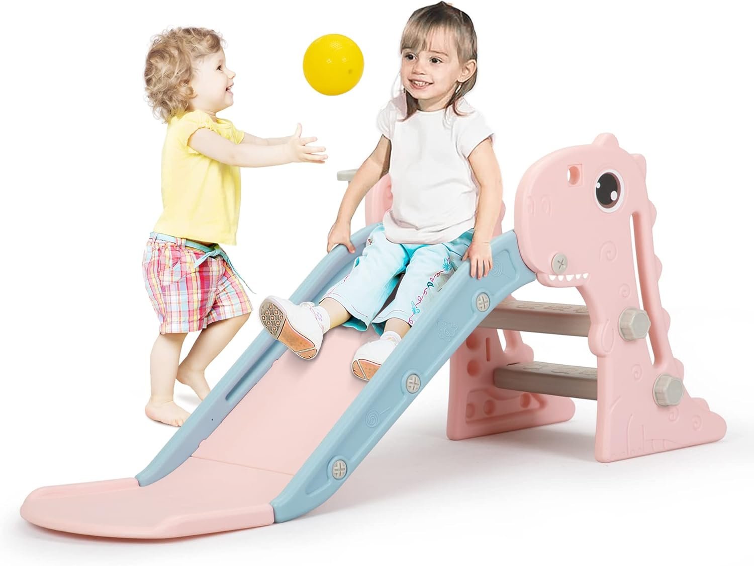Nyeekoy 3 in 1 Toddler Slide, Kids Slide Climber Playset with Basketball Hoop, Indoor and Outdoor Playground for Kids, Folding Design Freestanding Baby Slide, Easy Assembly