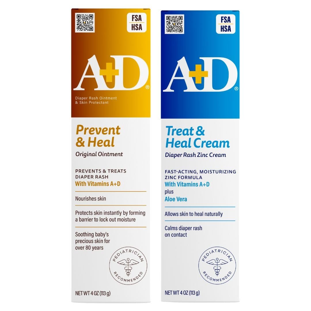 A+D Original Diaper Rash Ointment + Zinc Oxide Diaper Rash Cream 4oz Variety Pack – Prevents & Treats – Moisturizing Skin Protectant With Vitamins A & D