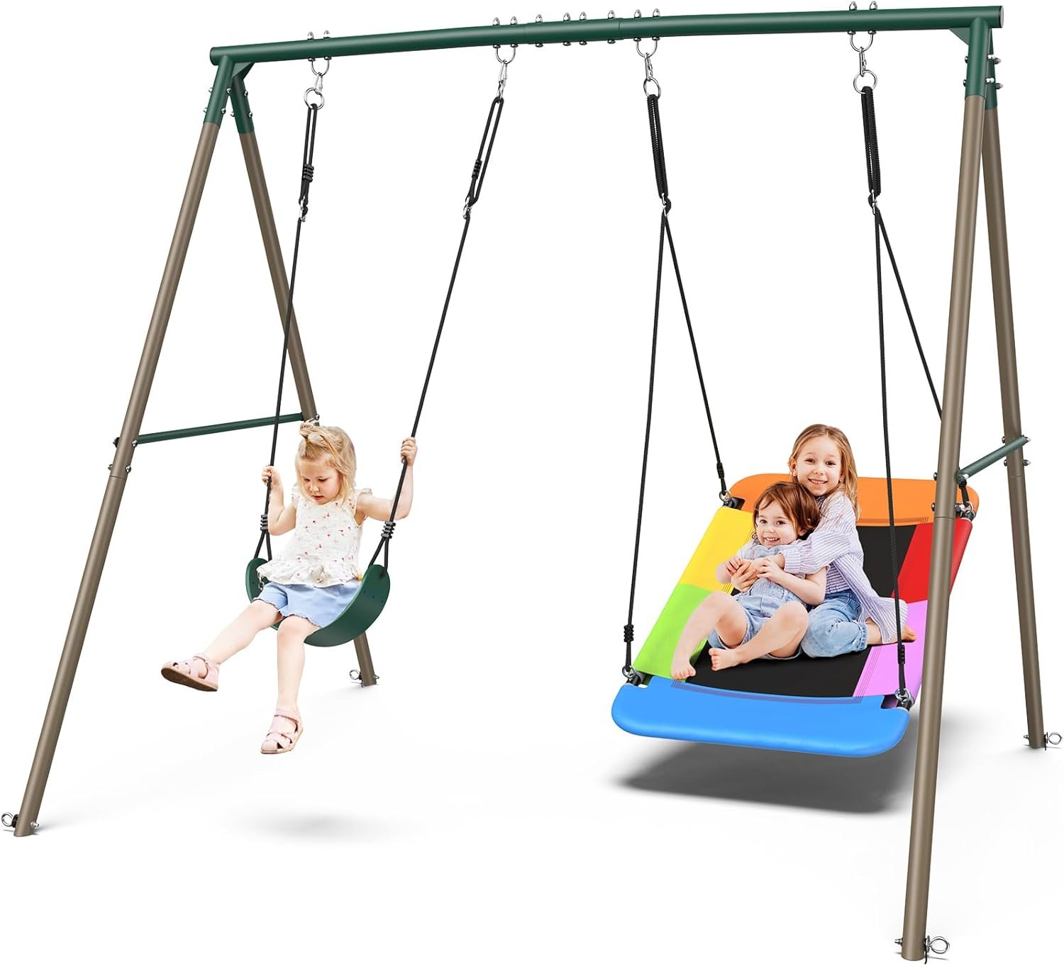 Hapfan Swing Sets for Backyard with 45″ Platform Saucer Swing and Belt Swing, 440 lbs Swingset Outdoor for Toddler and Kids 3-8 Backyard