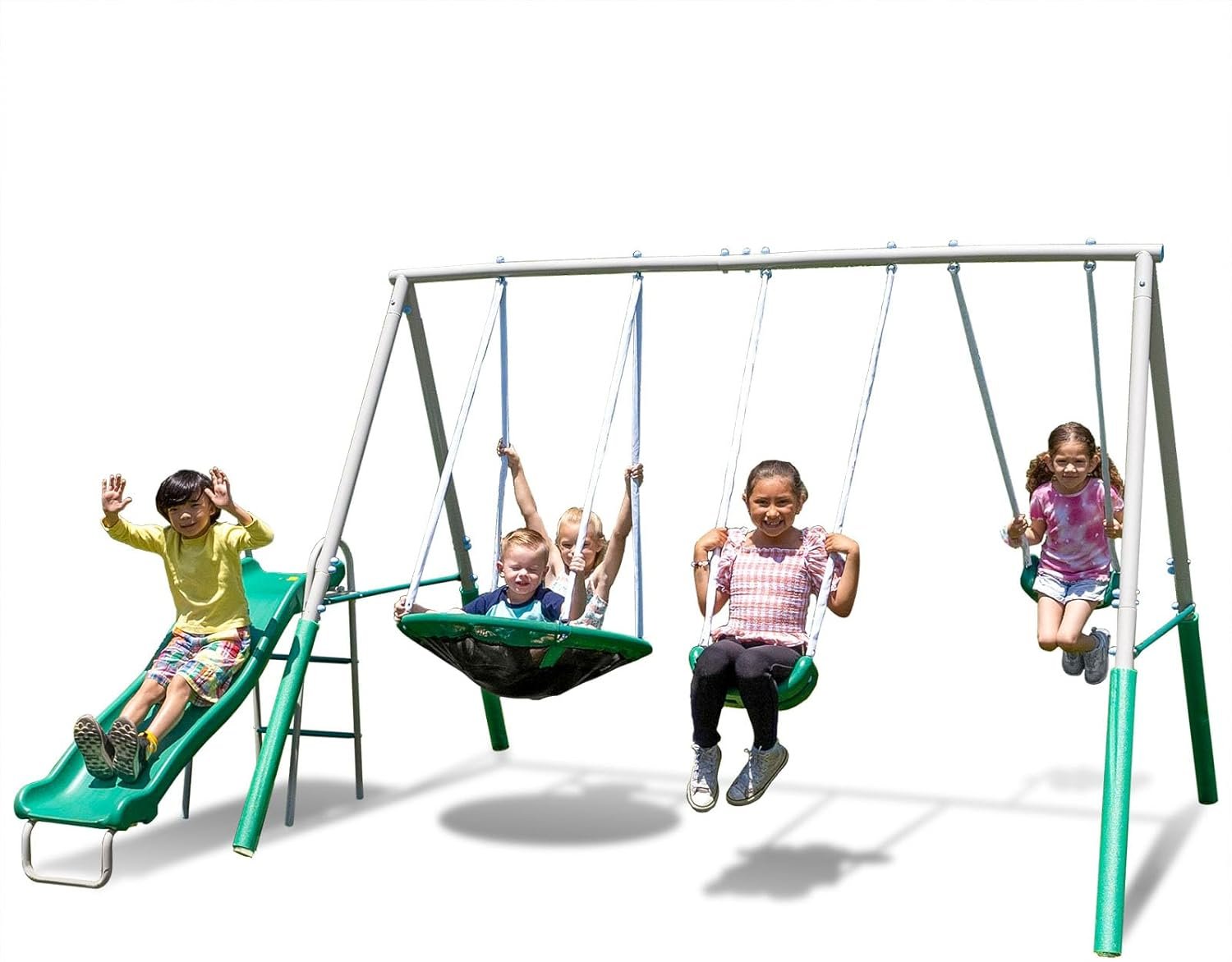 Sportspower Northridge Metal Swing Set, 500 lb Capacity, 32″ Saucer, 2 Blow-Molded Swings & 5ft Slide, Durable 6ft Frame, Outdoor Backyard Playset for Kids Aged 3–8