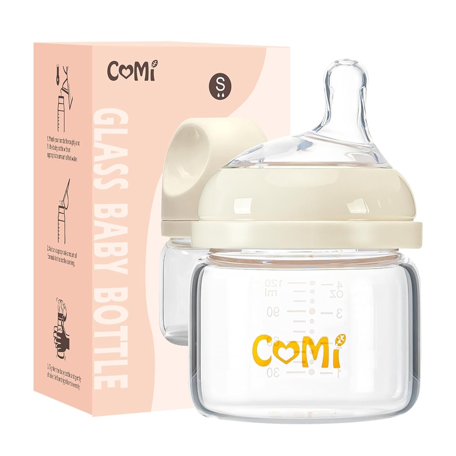 COMI Natural Glass Baby Bottles for Breastfeeding Babies,Newborn Anti-Colic Baby Bottle Set with Slow Flow Nipple,0-3 Months,BPA-Free,4 oz,1 Pack