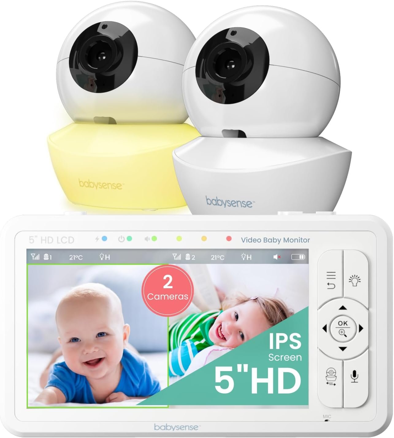 Babysense 5″ HD Split-Screen Baby Monitor, Video Baby Monitor with 2 Cameras and Audio, Night Light, 1000ft Range, Two-Way Audio, 4X Zoom, Night Vision, 4000mAh Battery