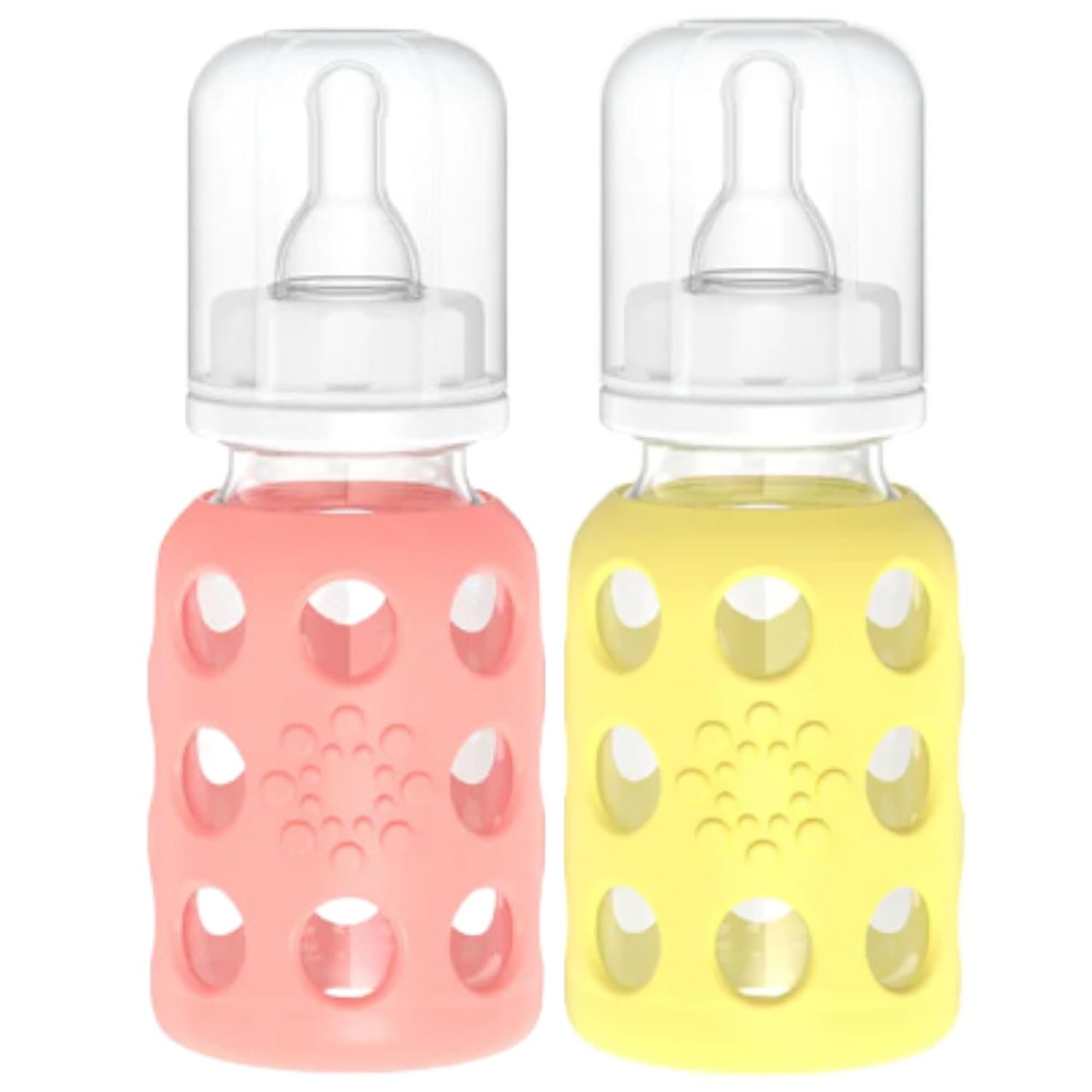 Lifefactory Glass Baby Bottle BPA Free | Protective Silicone Sleeve | 4 oz Pack of 2 | Cantaloupe, Banana