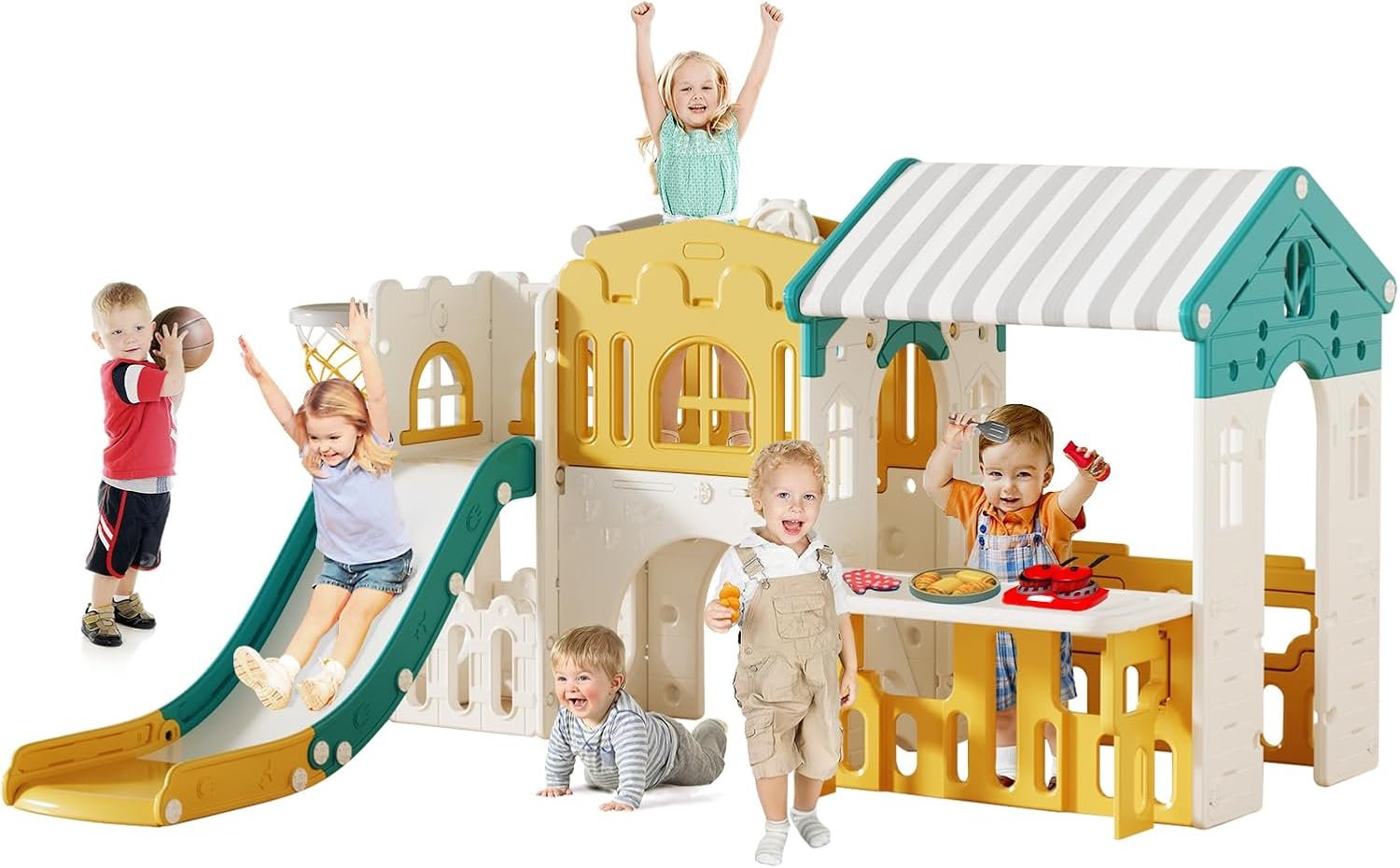 Playground Playsets Outdoor Playhouse 10 in 1 Toddler Slide with Rock Climber with Basketball, Hoop, Storage, playroom Upgraded