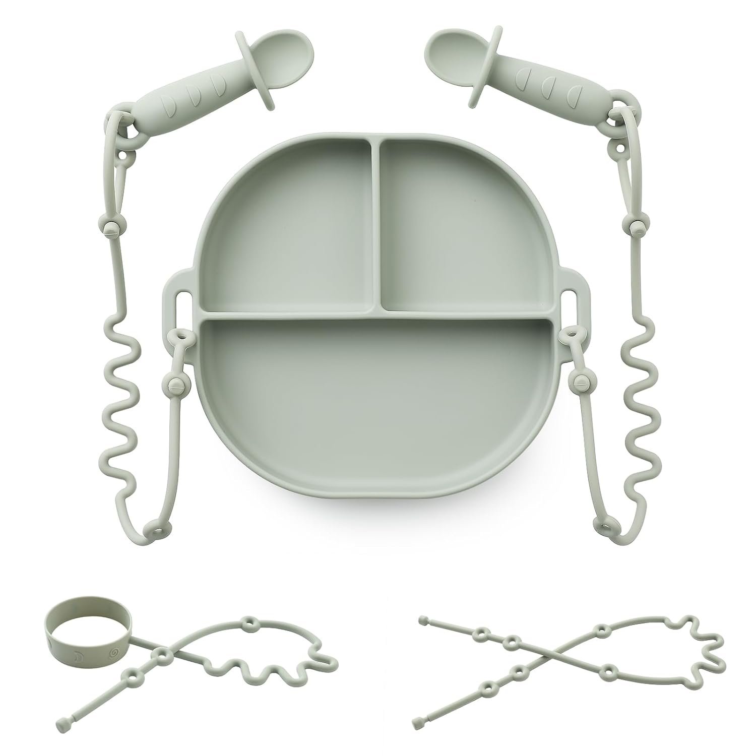 Andy Bear Silicone Plates for Babies with Suction Divided Baby Spoons Silicone Baby Toy Straps All-in-one Plates Silicone Placemat for Babies Toddlers Attachable Tethers & Built-in Suction Cups-Sage