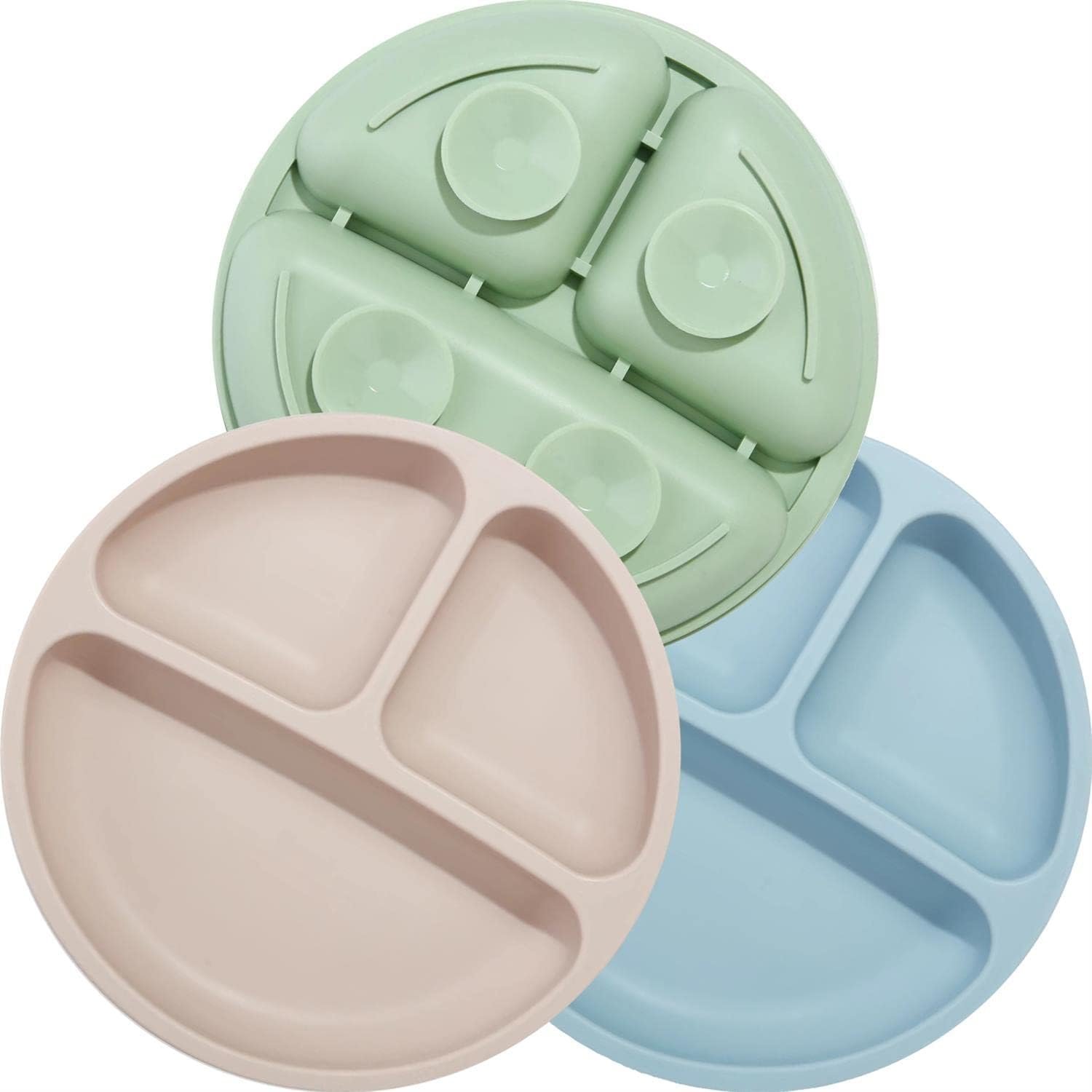 PandaEar Divided Unbreakable Silicone Baby and Toddler Plates – 3 Pack – Non-Slip – Microwave Safe – Silicone (Blue Green Brown)