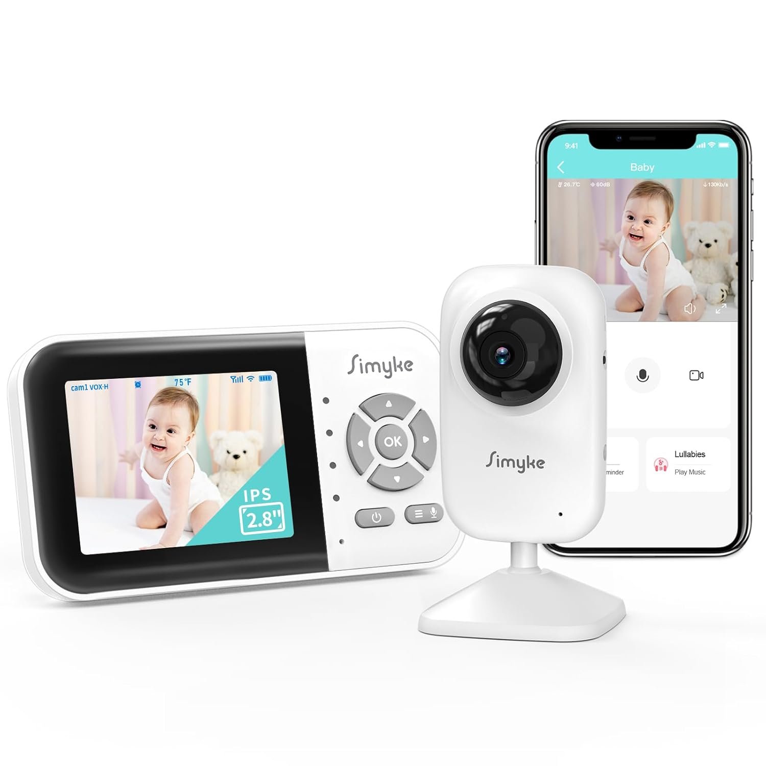 Simyke Upgrade Video Baby Monitor,WiFi Baby Camera,2.8″ Display and App Control,1200ft Long Range,2 Way Talk,Auto Night Vision,Sound Alert,VOX,Temperature Sensor 5 Lullabies Feeding Remind,Home Use