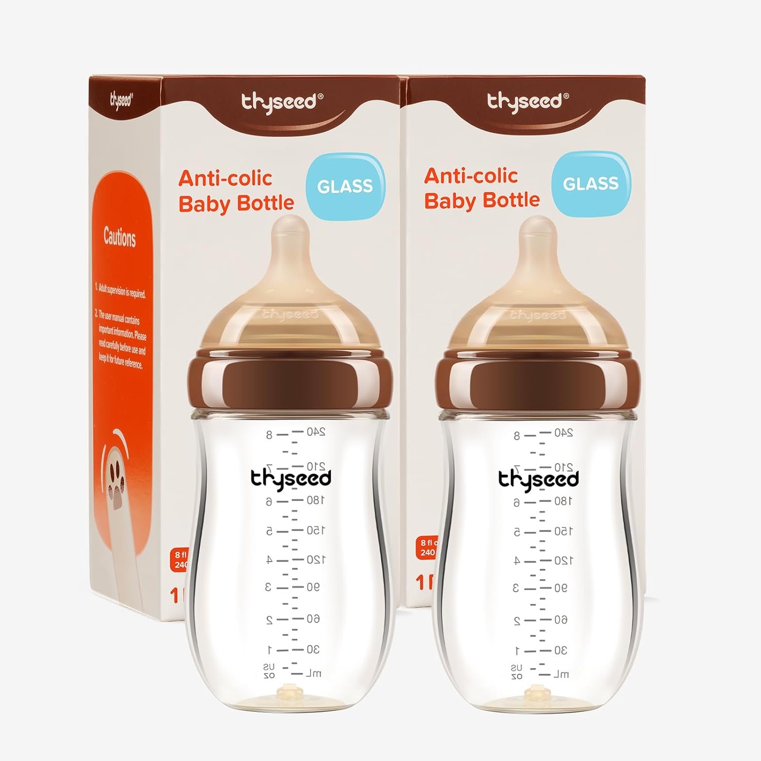 Thyseed Anti-Colic Glass Baby Bottle for Breastfed Infants, Paced Feeding, Breast-Like Newborn Medium Fast Flow Nipple (3m+), 8 oz, 2 Pack