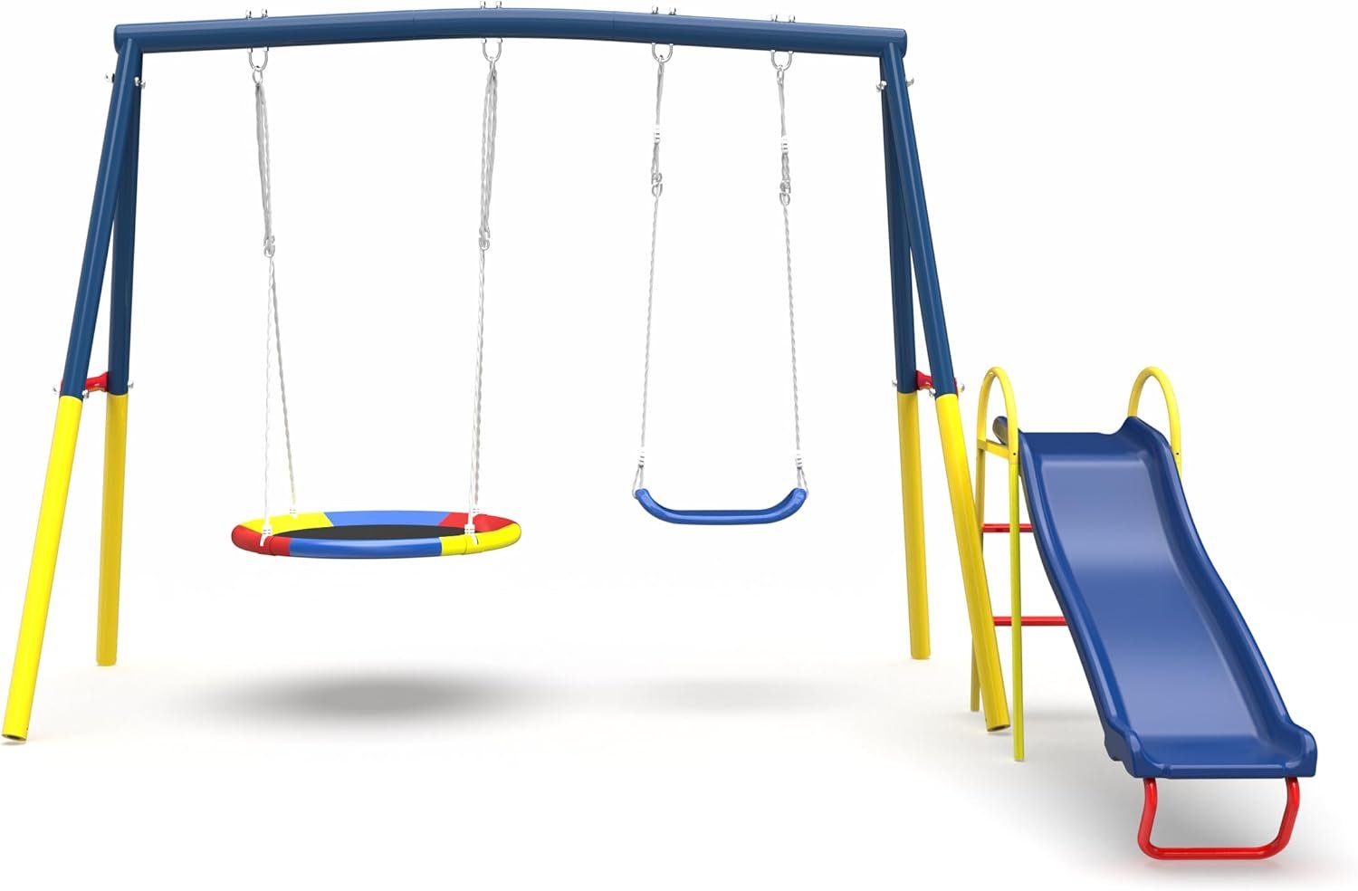 Swing Set for Backyard with Stand, Swing Heavy Duty 440lbs Metal Outdoor Swing Stand, Contain 1 Saucer 32″ & 1 Belt seat 26.2″ + 53in Blow Molded Slide for Playground – Backyard Playset, Blue