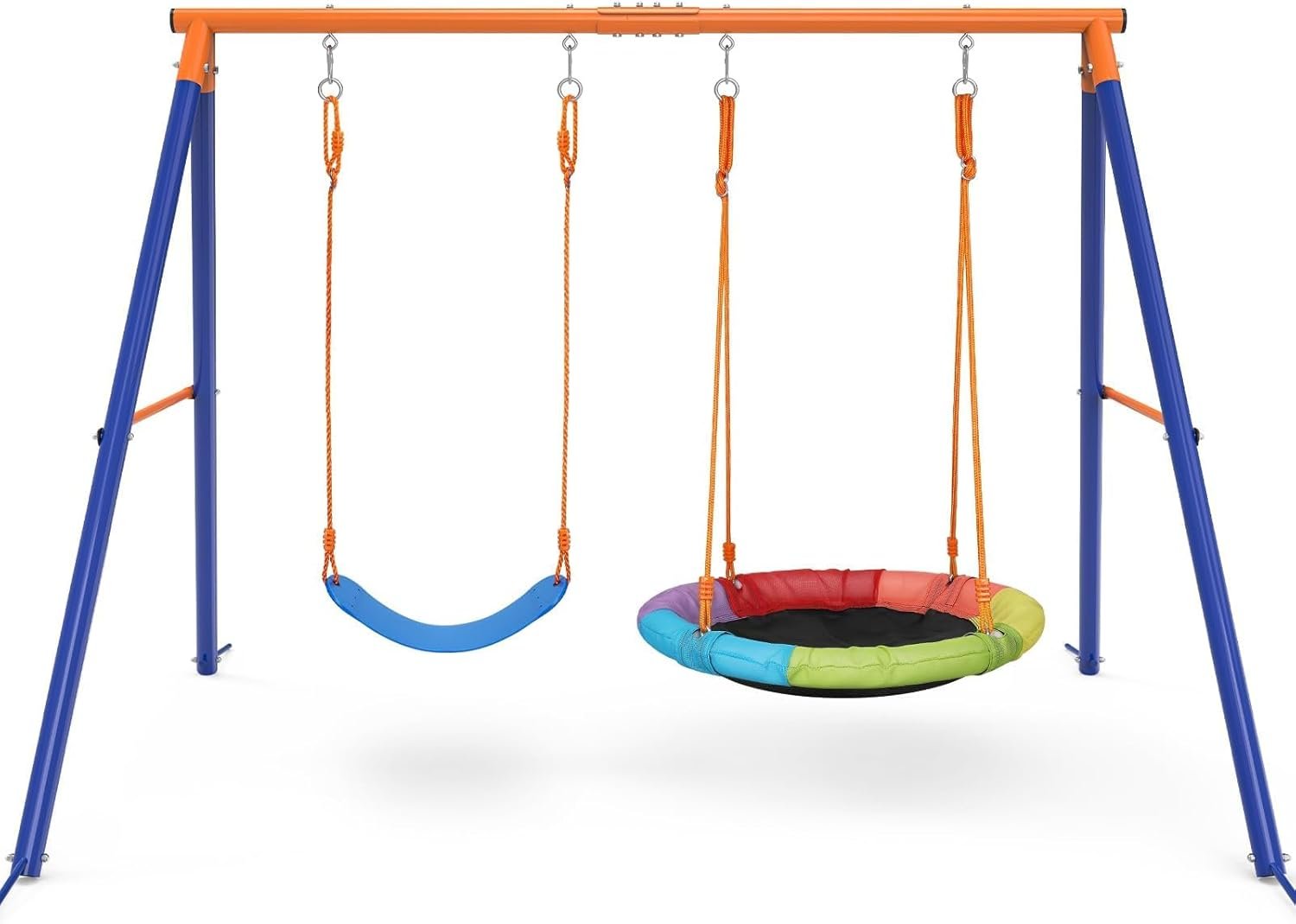 Amictoy Swing Set for Backyard with Stand – Heavy Duty 440lbs Metal A-Frame Outdoor Playset with 32″ Saucer Swing & 26.2″ Seats