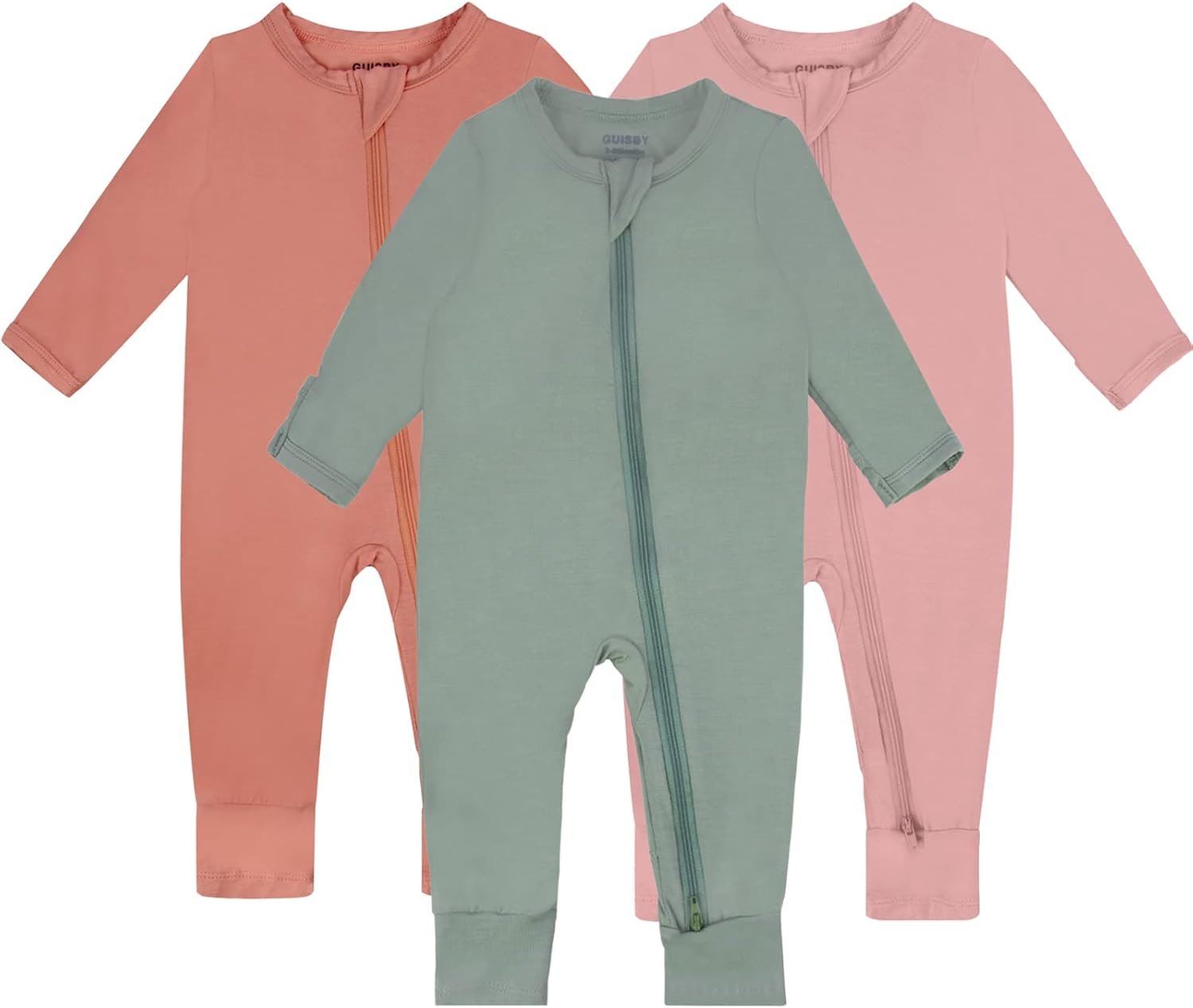 GUISBY Baby Pajamas with Mitten Cuffs – 3Pcs Girls Boys 2 Way Zipper Long Sleeve Rayon Sleepers