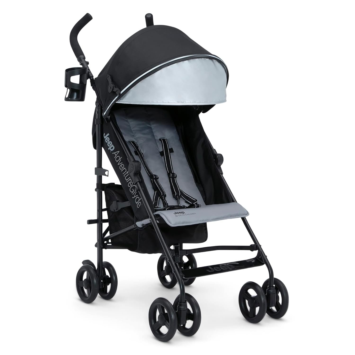 Jeep AdventureGlyde Stroller by Delta Children – Lightweight Travel Stroller with Smoothest Ride & Compact Fold, 3-Position Recline, Extra Large Storage Basket, Black/Grey