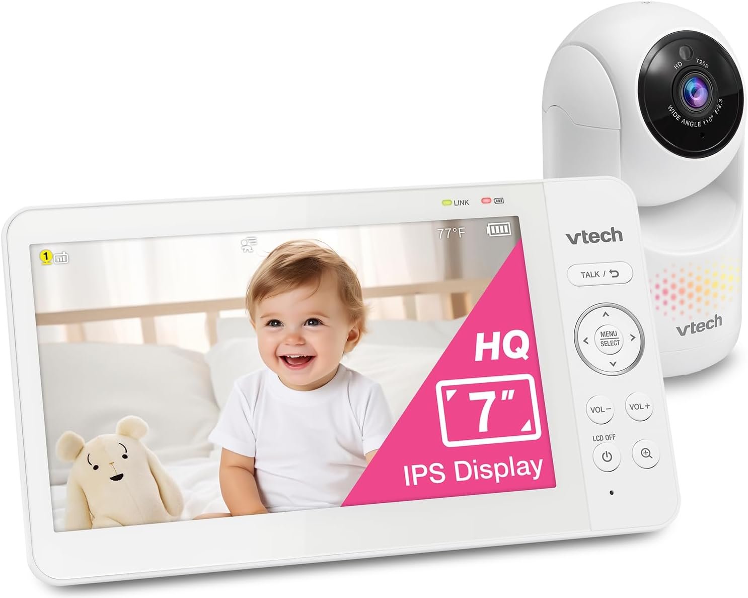 VTech 7″ Baby Monitor with IPS Screen, Pan Tilt Zoom Camera, No WiFi Video Baby Monitor with Camera and Audio, Multi-Color Night Light, 2-Way Talk, Lullabies, Advanced HQ Max