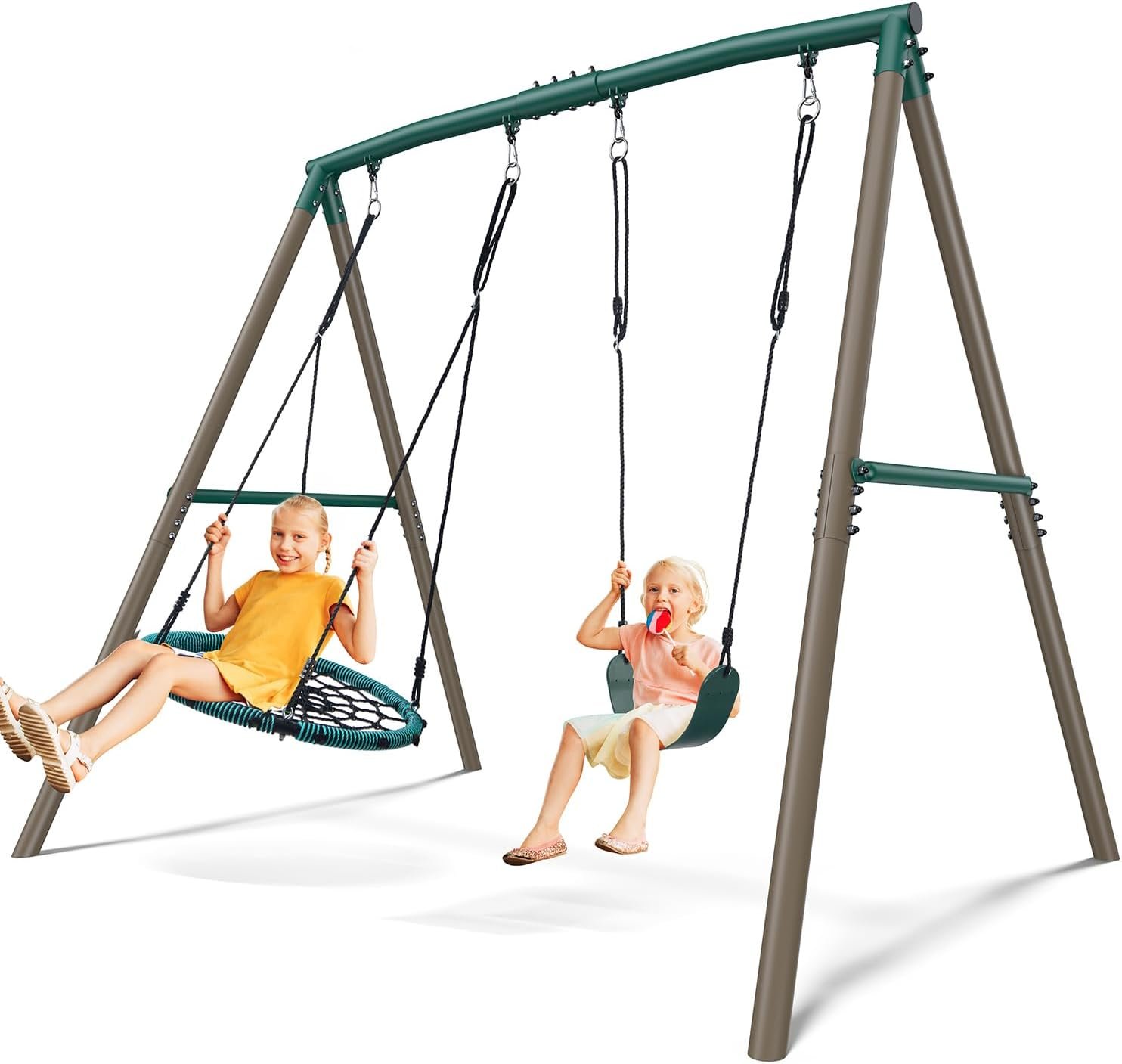 Hapfan 7.5ft Tall Swing Sets for Backyard, 500lbs Heavy Duty Metal Swing Set for Kids and Adults with Spider Swing and Belt Swing, A-Frame Outdoor Swingset Play Equipment(Green and Brown)