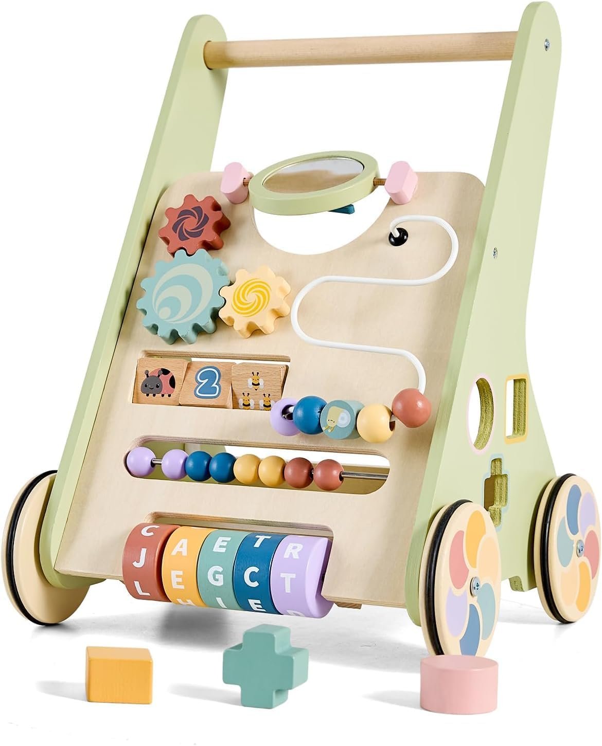 Wooden Baby Walker with Activity Center, Baby Push Walker for 1 Year Old Boys & Girls, Montessori Learning Walking Toy with Wheels, Toddler Push Toy with Storage Box 12 Months+