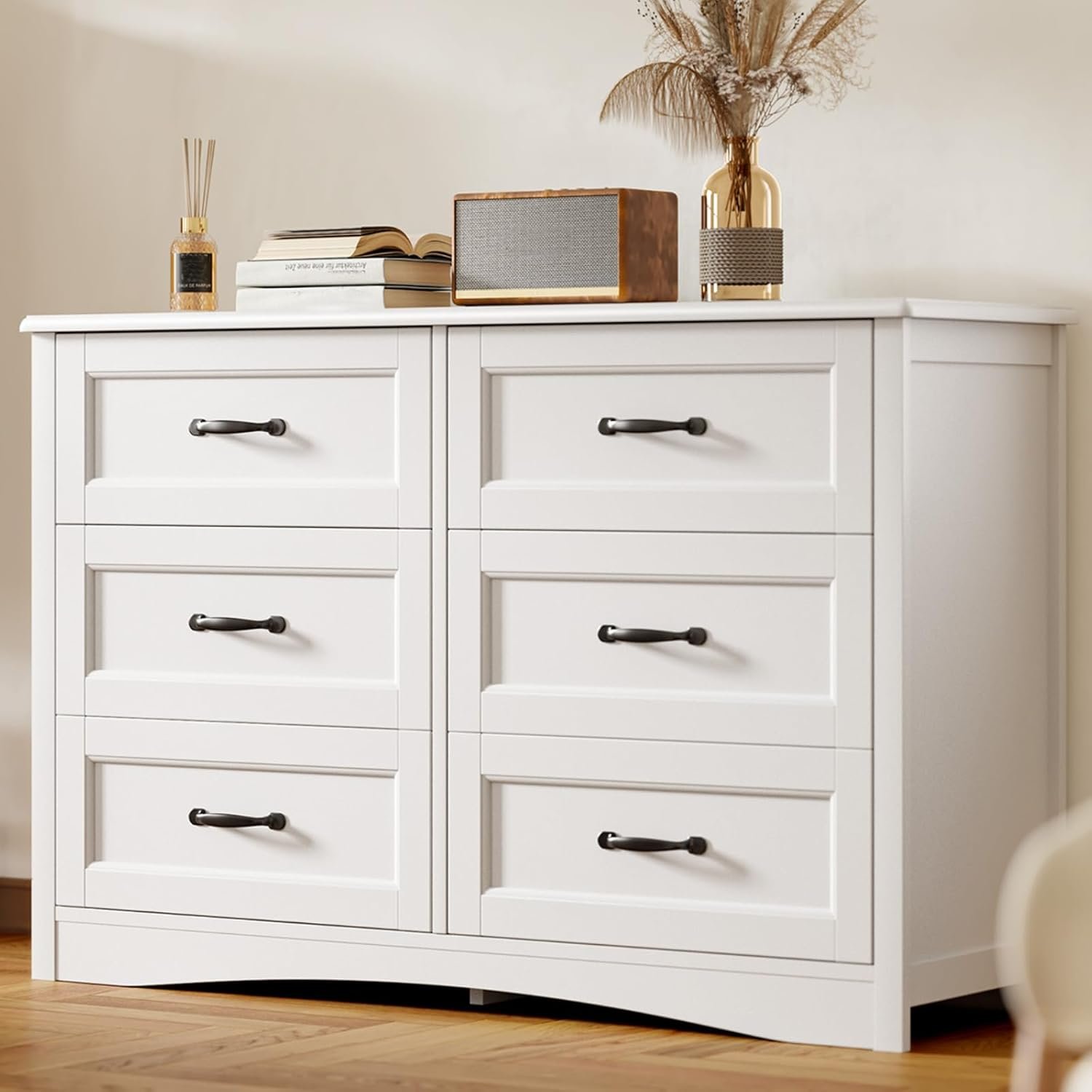 Gizoon 6 Drawer Dresser for Bedroom，47” Larger Chest of Drawers with Mental Handle for Kids Room, White Dresser with 6 Storage Drawers for Living Room, Entryway and Hallway, White