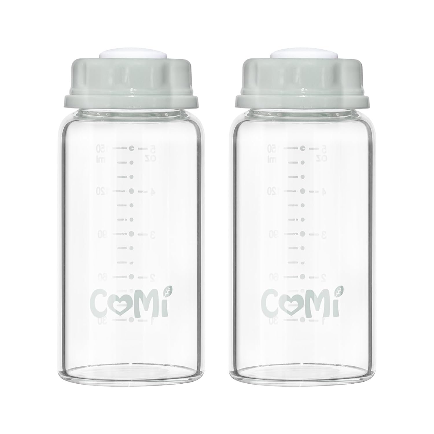 COMI Natural Glass Baby Bottle,Breastmilk Storage Bottle for Fridge,Breast Milk Container,Breast Pump Bottle Compatible with Medela Breast Pump,BPA Free,2PCS (5oz,2 Gray Lids)