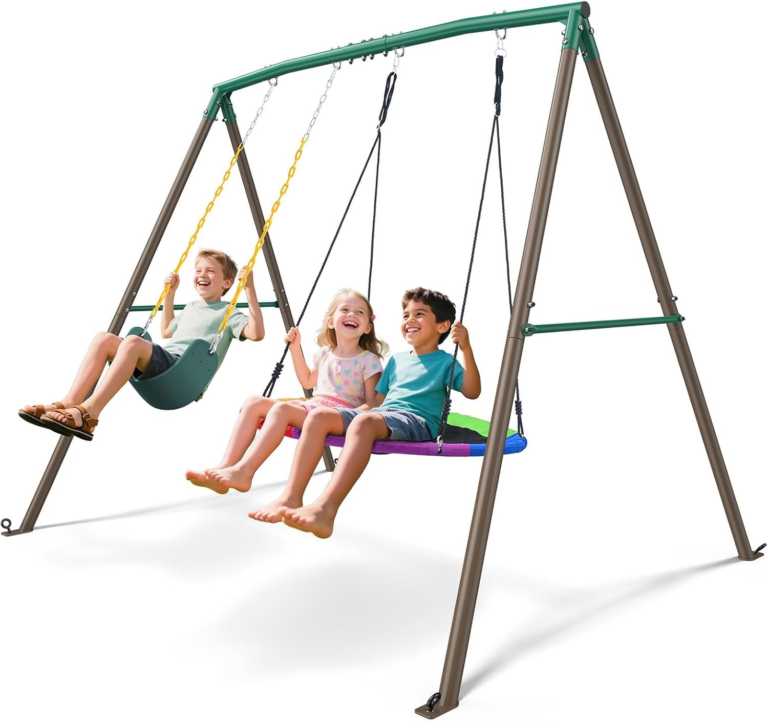 Trekassy 440lbs Swing Sets for Backyard – 2 Seat Outdoor Kids Playset with Saucer & Belt Swing, Heavy-Duty A-Frame Metal Stand for Backyard Playground – Green and Brown (Patented)