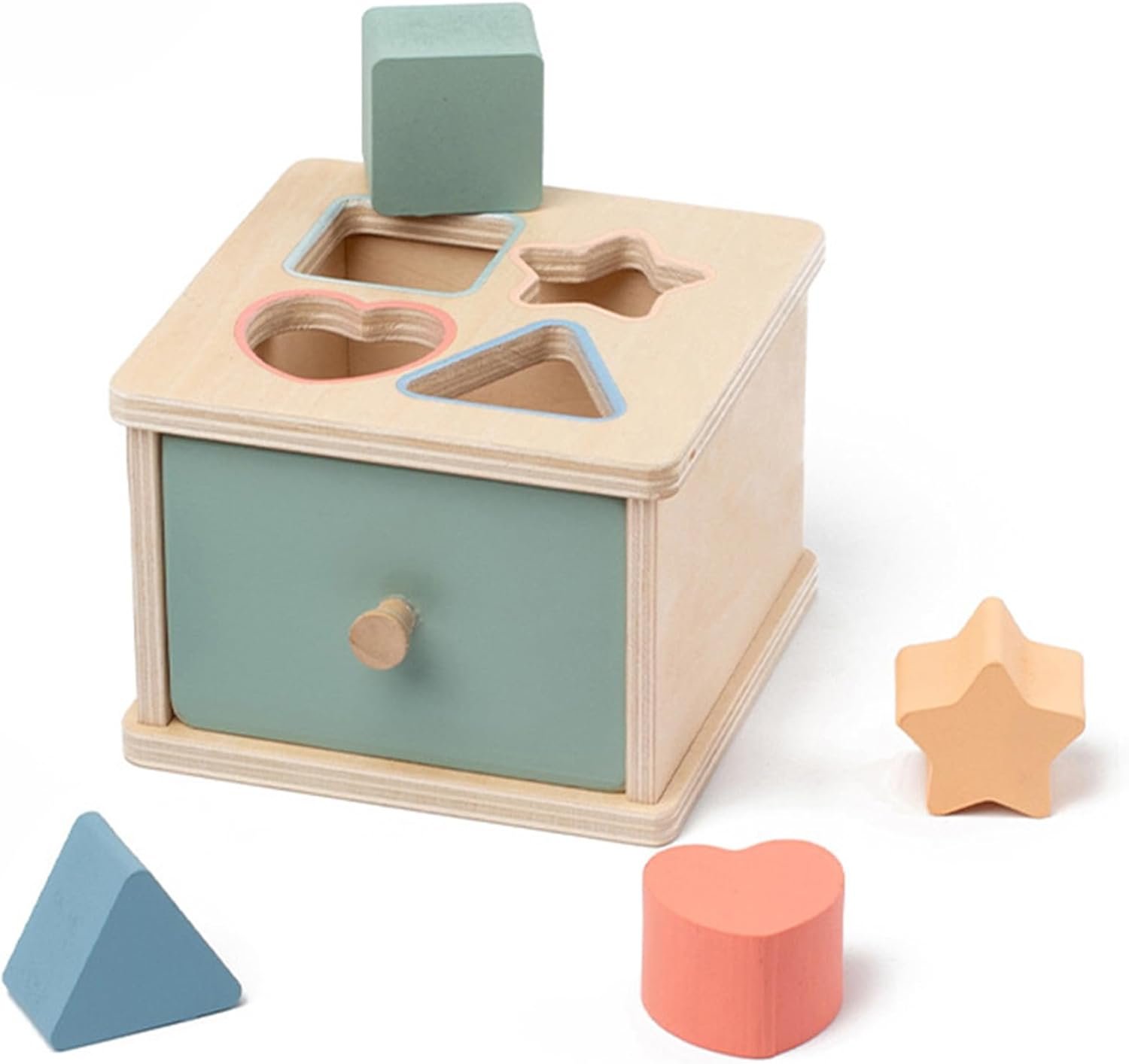 Montessori Toys for 2 3 4 5 Year Old – Wooden Object Permanence Box with Drawer Sensory Toys Shape Sorter Color Sorting Education for Baby Toddler Boy Girl Drop Busy Box (B-Blocks)
