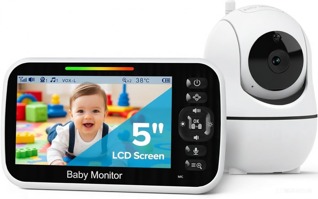 GoodBaby 5″ Baby Monitor with Camera and Audio, No WiFi Secure Camera, 30-Hour Battery, Remote PTZ, Auto Night Vision, Room Temperature, Two-Way Audio，Lullabies，960 ft Range