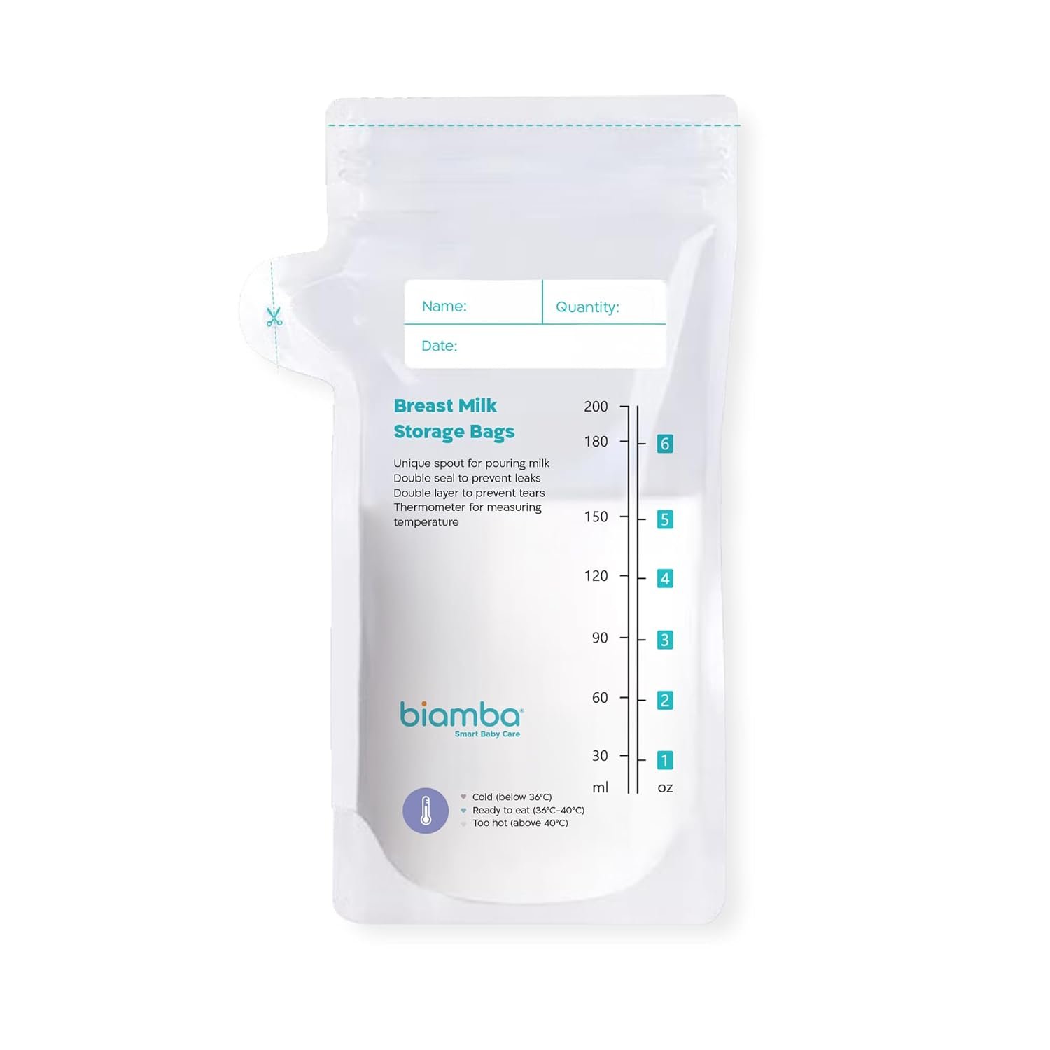 50-Piece Milk Storage Bags Breastmilk by Biamba – Breastmilk Storage Bag Freezer BPA-Free, Double Seal Leak-Resistant, Temperature Indicator, Easy Pour Spout, Pre-Sterilized, 200ml / 6.7 Fl.oz Per Bag