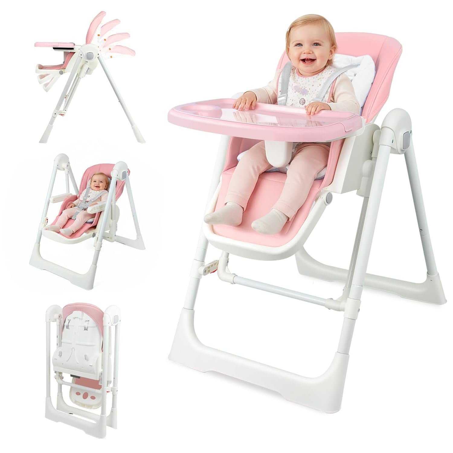 High Chairs for Babies and Toddlers Foldable High Chair Adjustable with Reclining Seat & Leg Rest, 3-in-1 Convertible Baby Rocker with Tool-Free Assembly (Pink)
