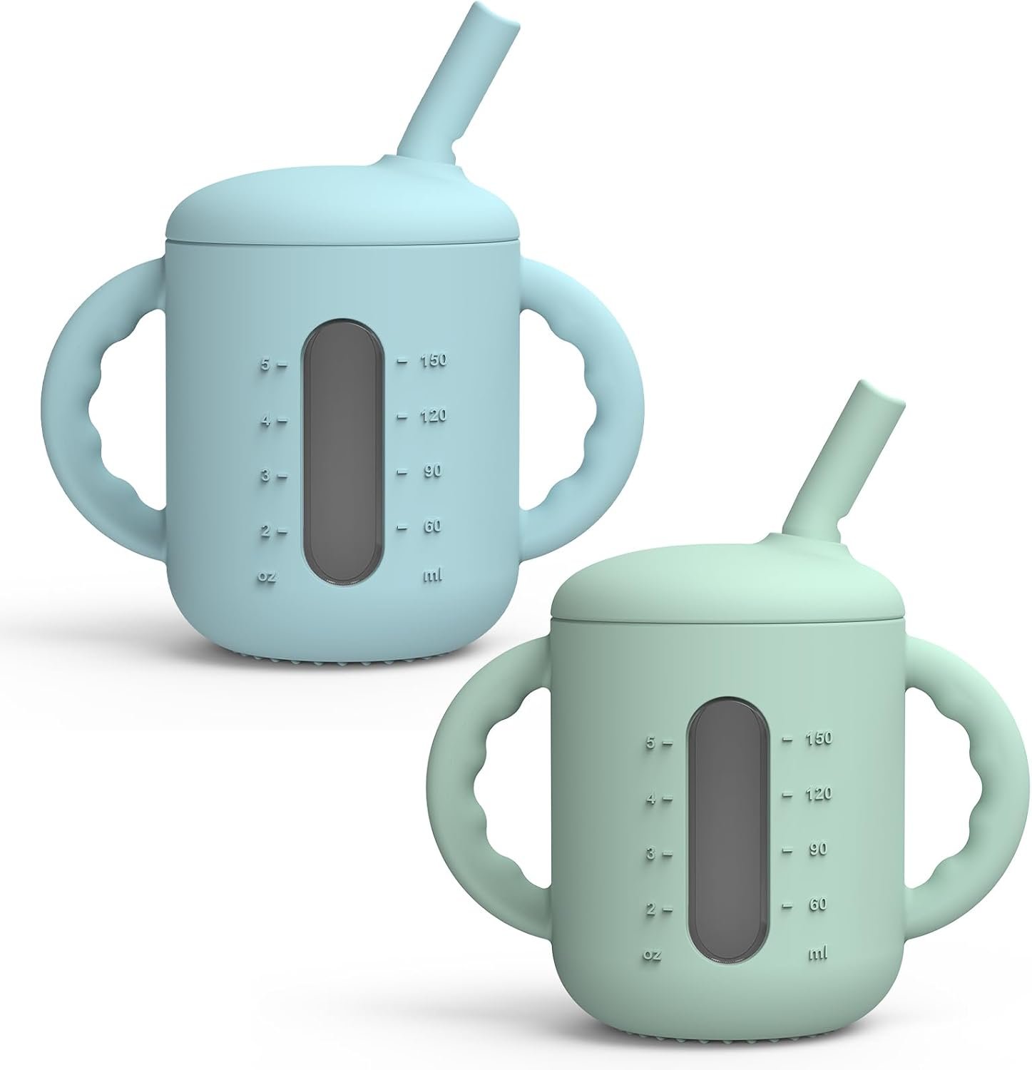 Seposeve 2 Pack Silicone Sippy Cups, Leak-Proof Baby Straw Cup for 6-12 Months, Spill Proof Toddler Cup with Straw 1-3 Years, with Capacity Marking, Non-slip Handle, Flow Control, 6 oz, Green Blue